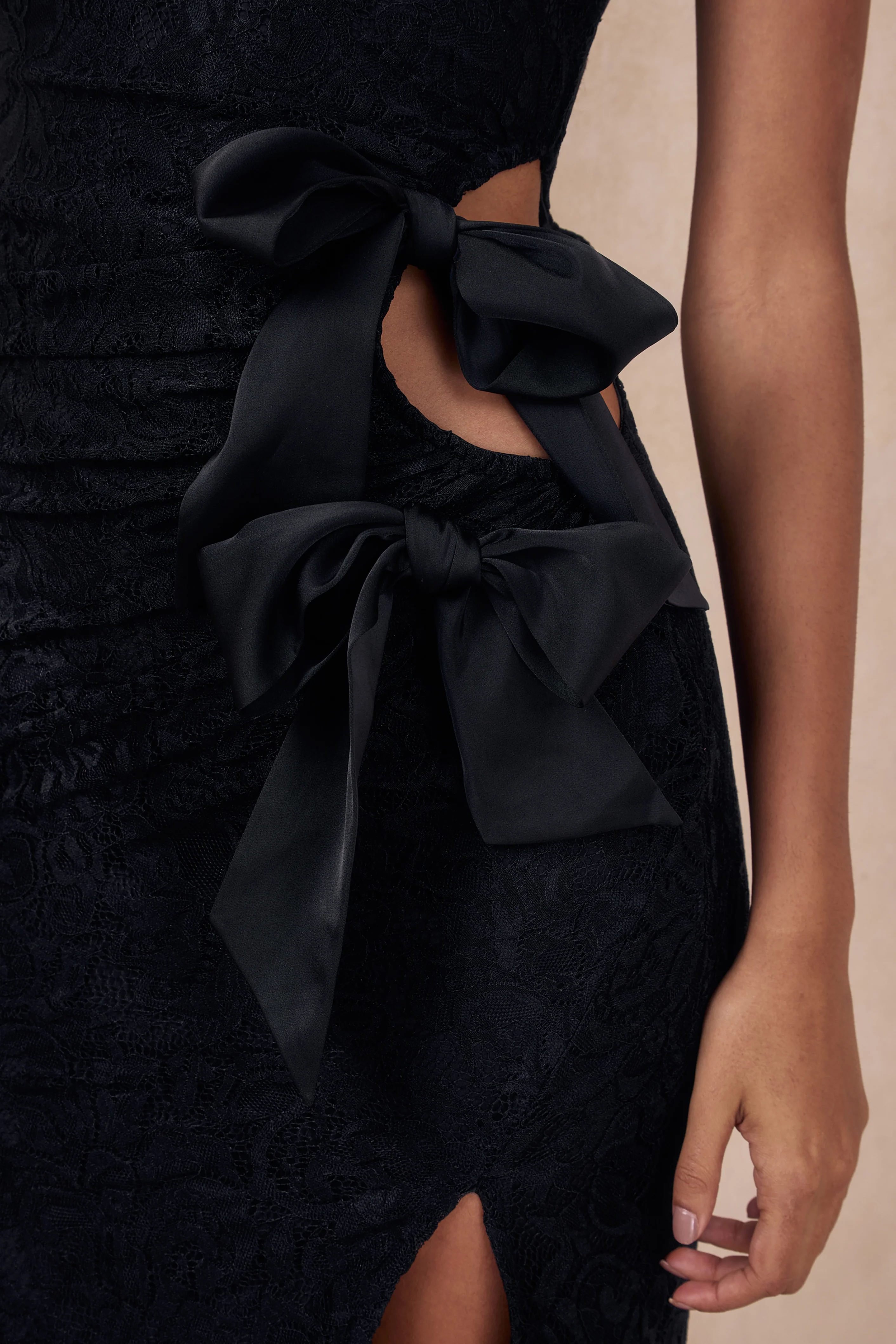 Norna | Black Lace Asymmetric-Neck Maxi Dress With Cut-Out And Bow Details - Image 6