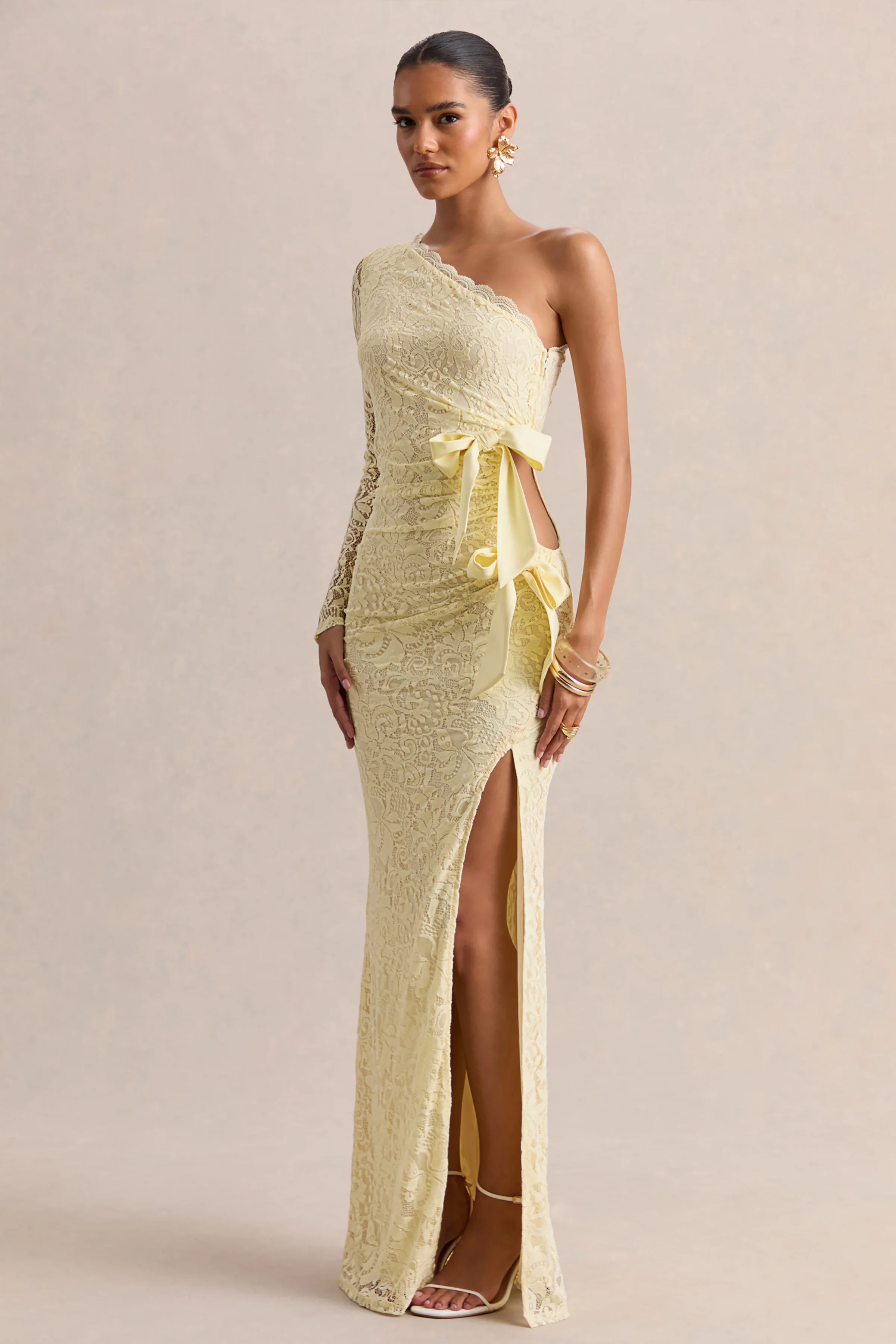 Norna | Lemon Lace Asymmetric-Neck Maxi Dress With Cut-Out And Bow Details - Image 4