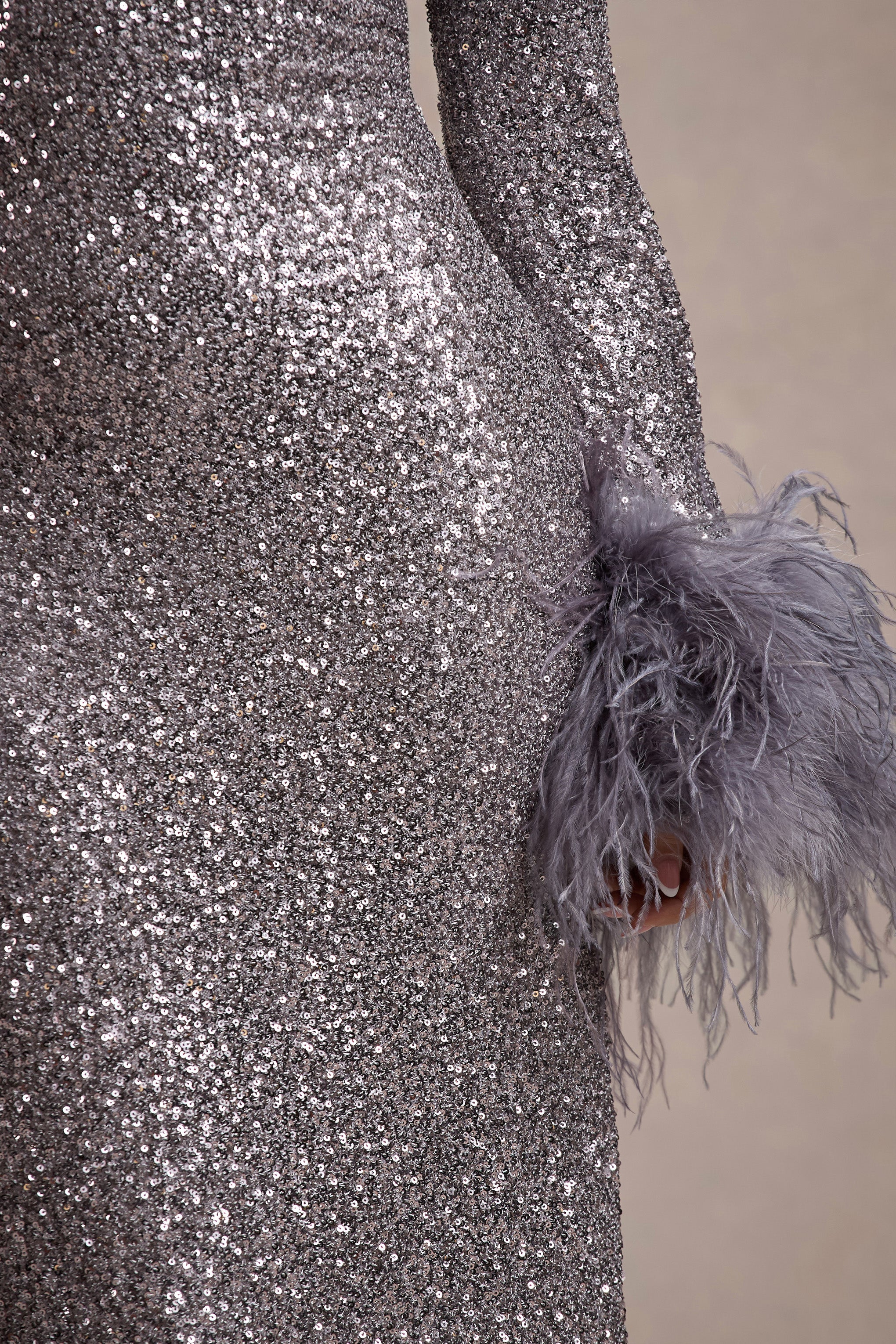 North Star | Silver Sequin Long-Sleeve Midi Dress With Feather Cuffs - Image 7