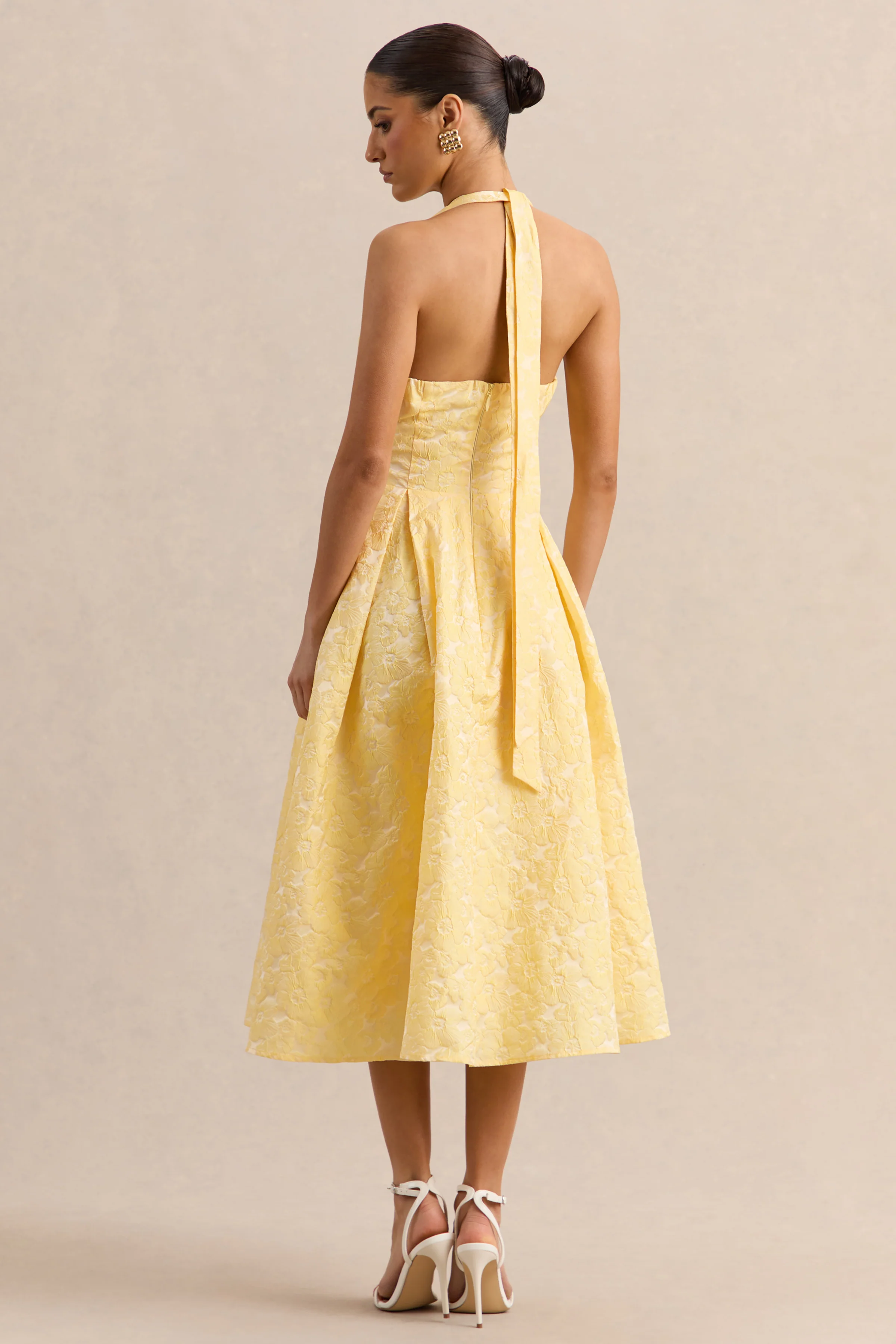 Nyomi | Lemon Satin Halter-Neck Midi-Dress - Image 2