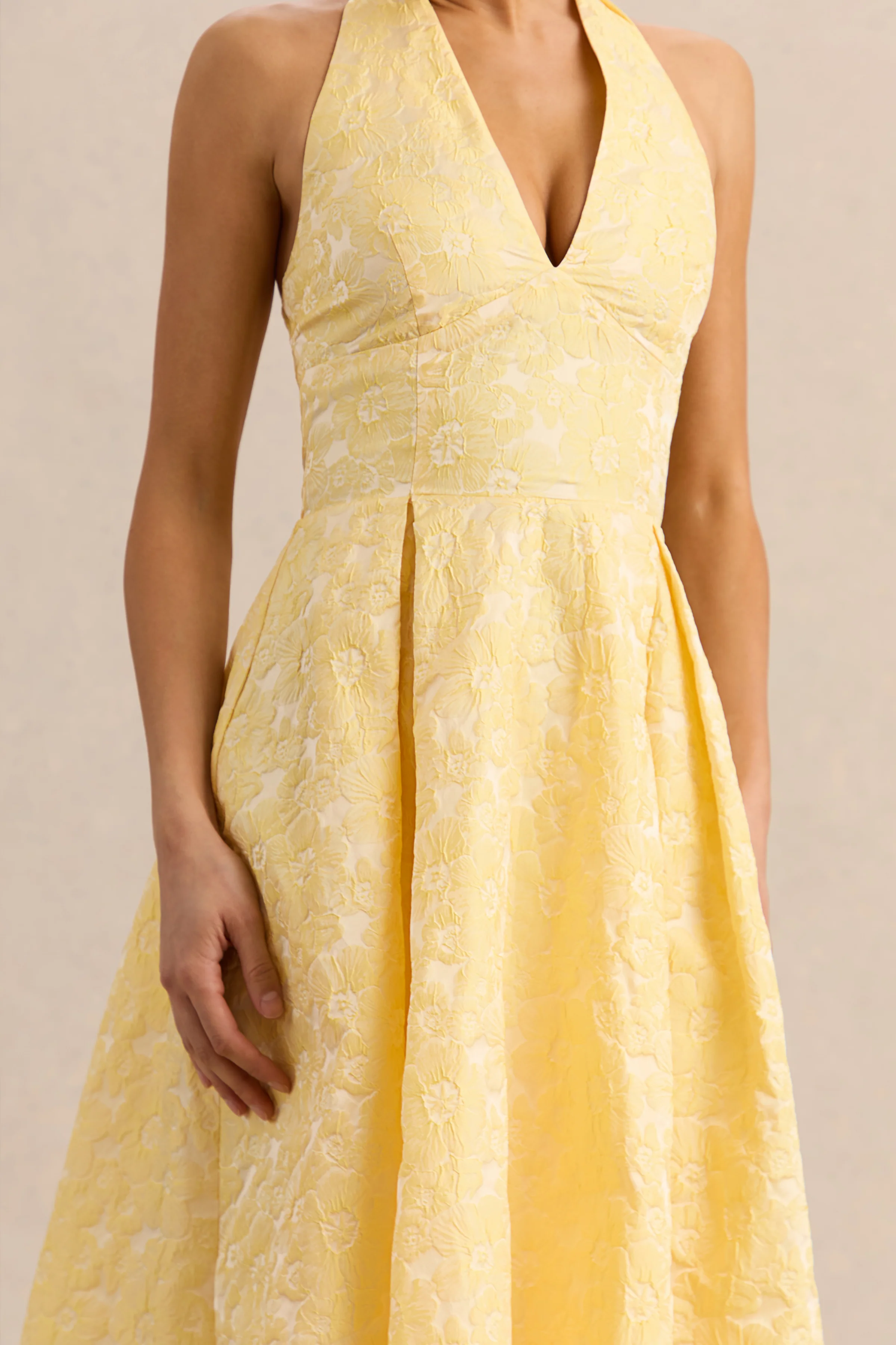 Nyomi | Lemon Satin Halter-Neck Midi-Dress - Image 3