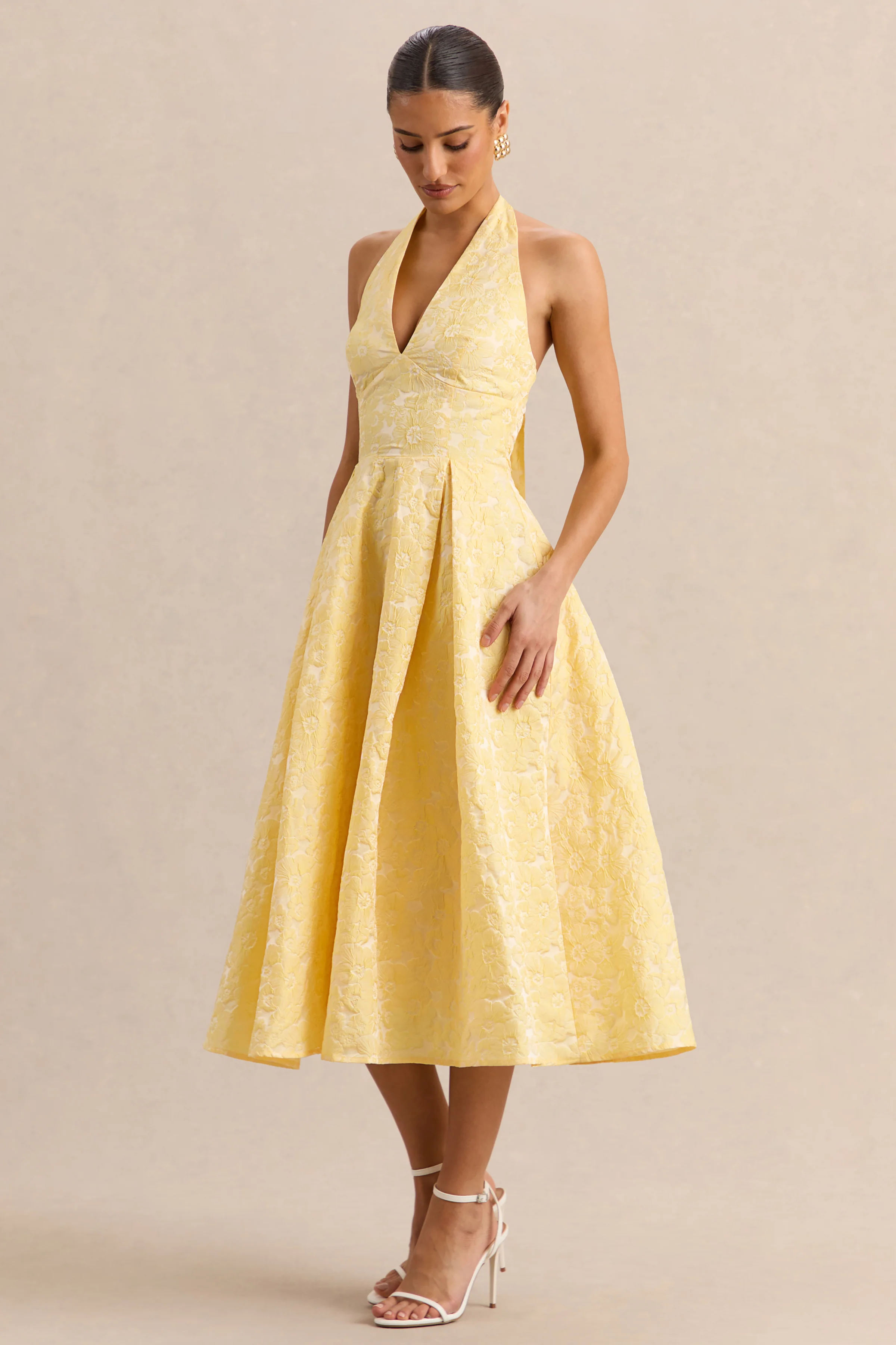 Nyomi | Lemon Satin Halter-Neck Midi-Dress - Image 4