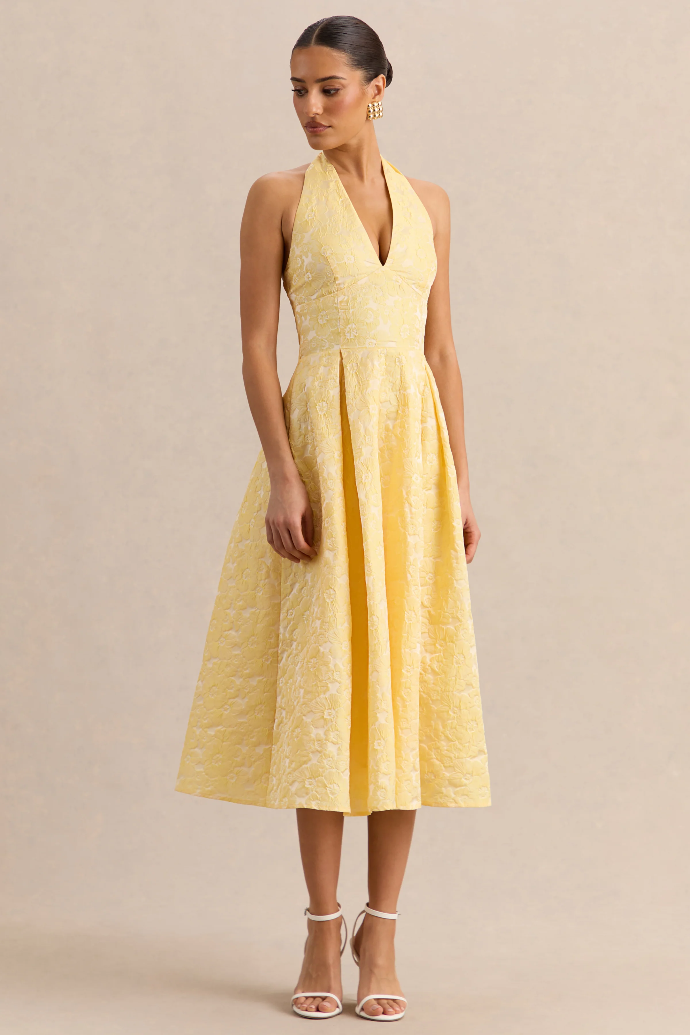 Nyomi | Lemon Satin Halter-Neck Midi-Dress - Image 5
