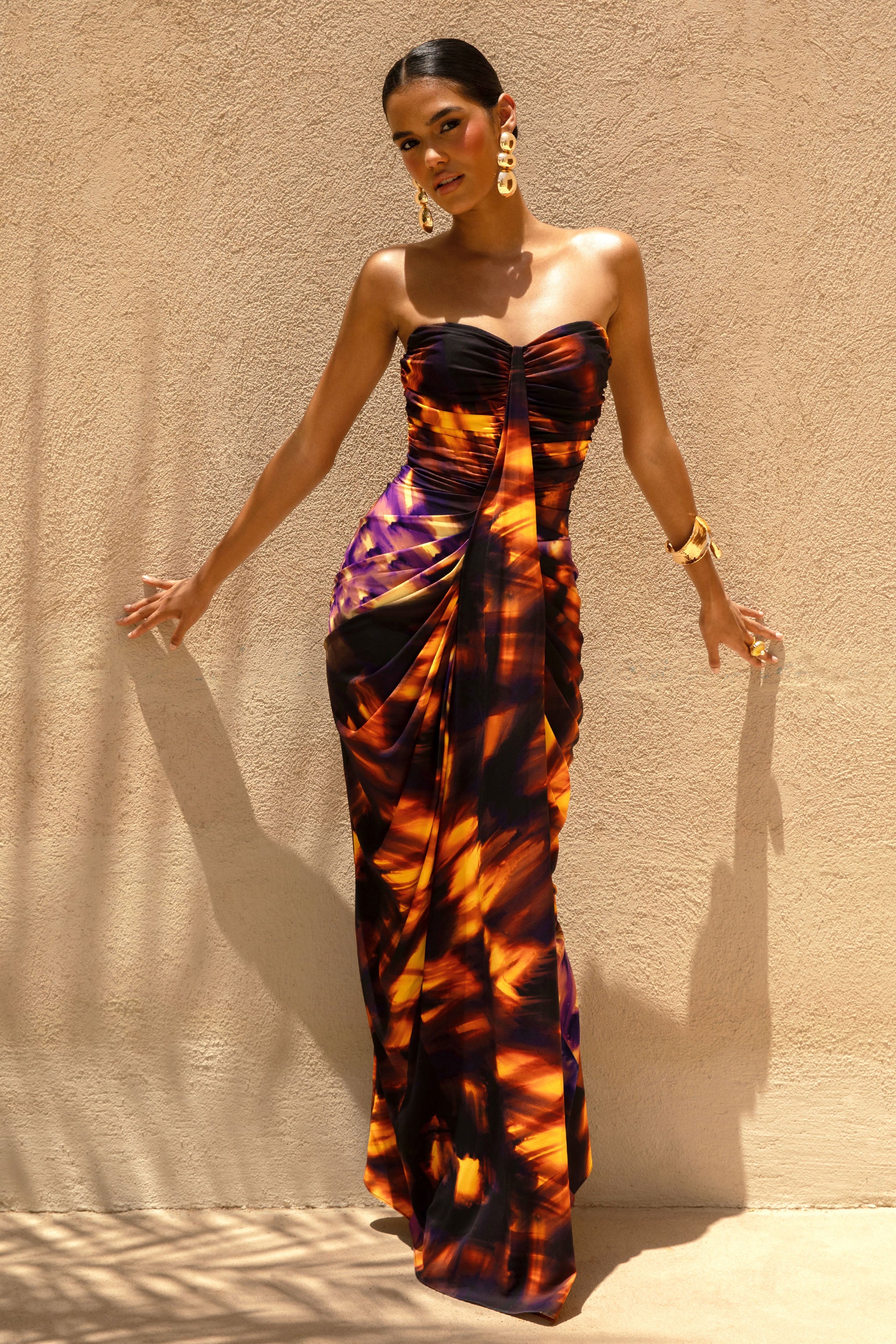 Nyra | Smoke Print Sweetheart Ruched Maxi Dress - Image 3