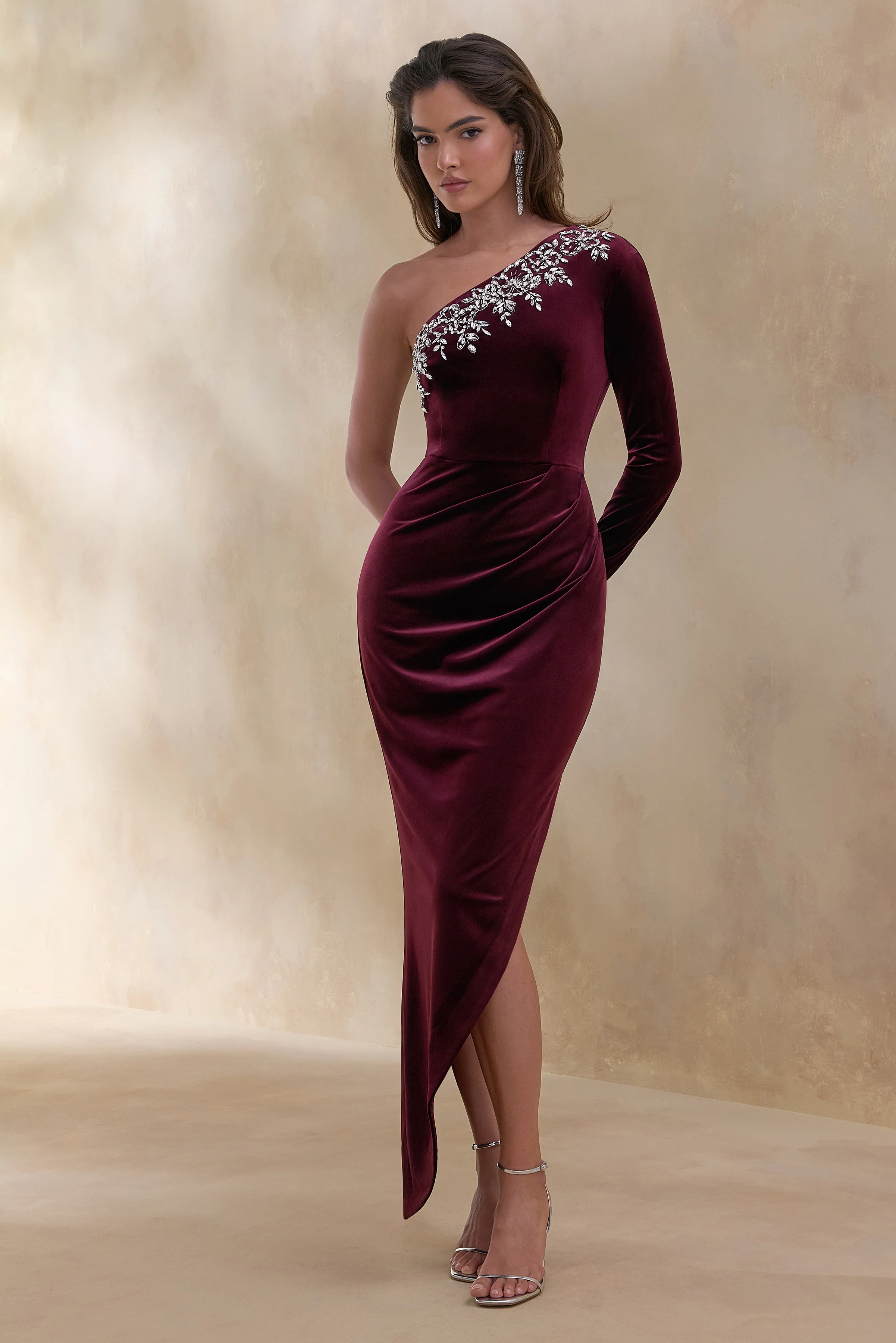 Nyssa | Burgundy Embellished Asymmetric-Neck Maxi Dress - Image 4