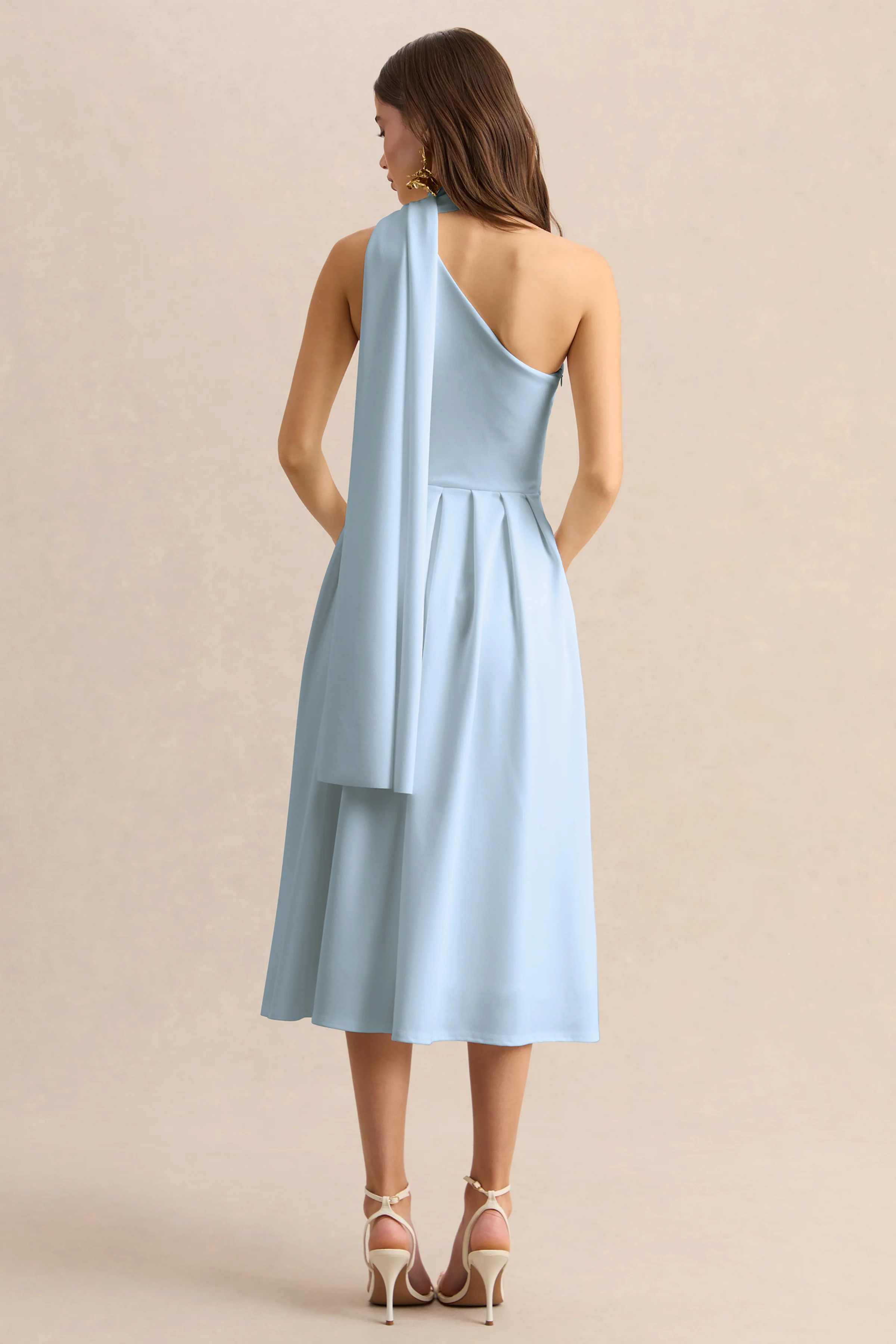 Odette | Powder Blue Asymmetric-Neck Midi Dress With Scarf - Image 2