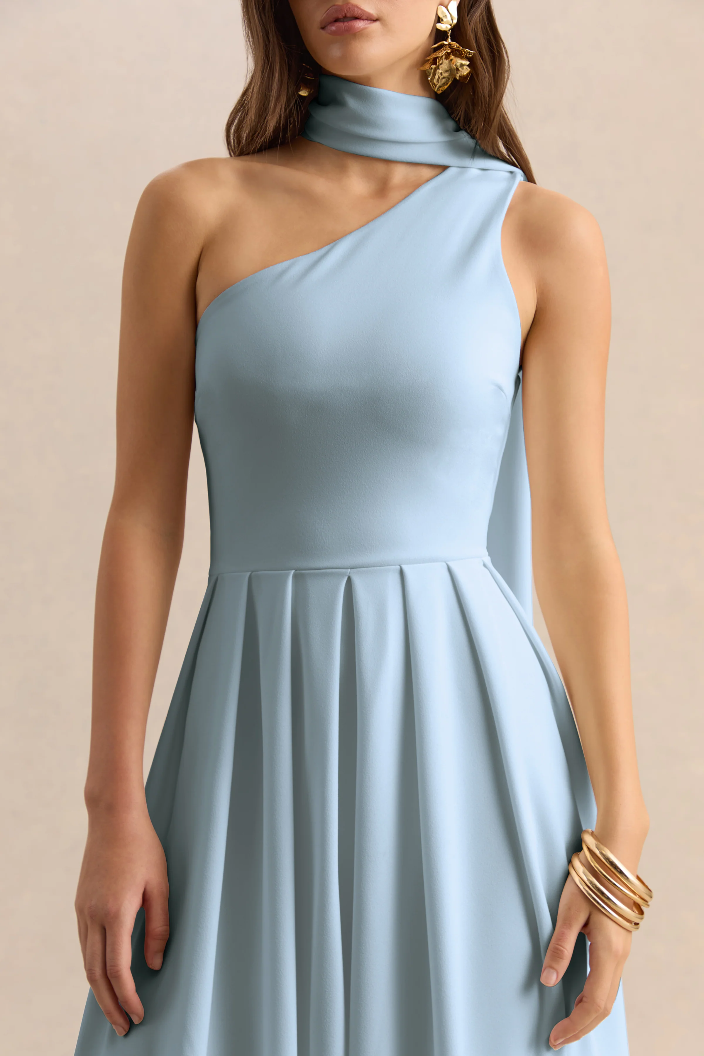 Odette | Powder Blue Asymmetric-Neck Midi Dress With Scarf - Image 3