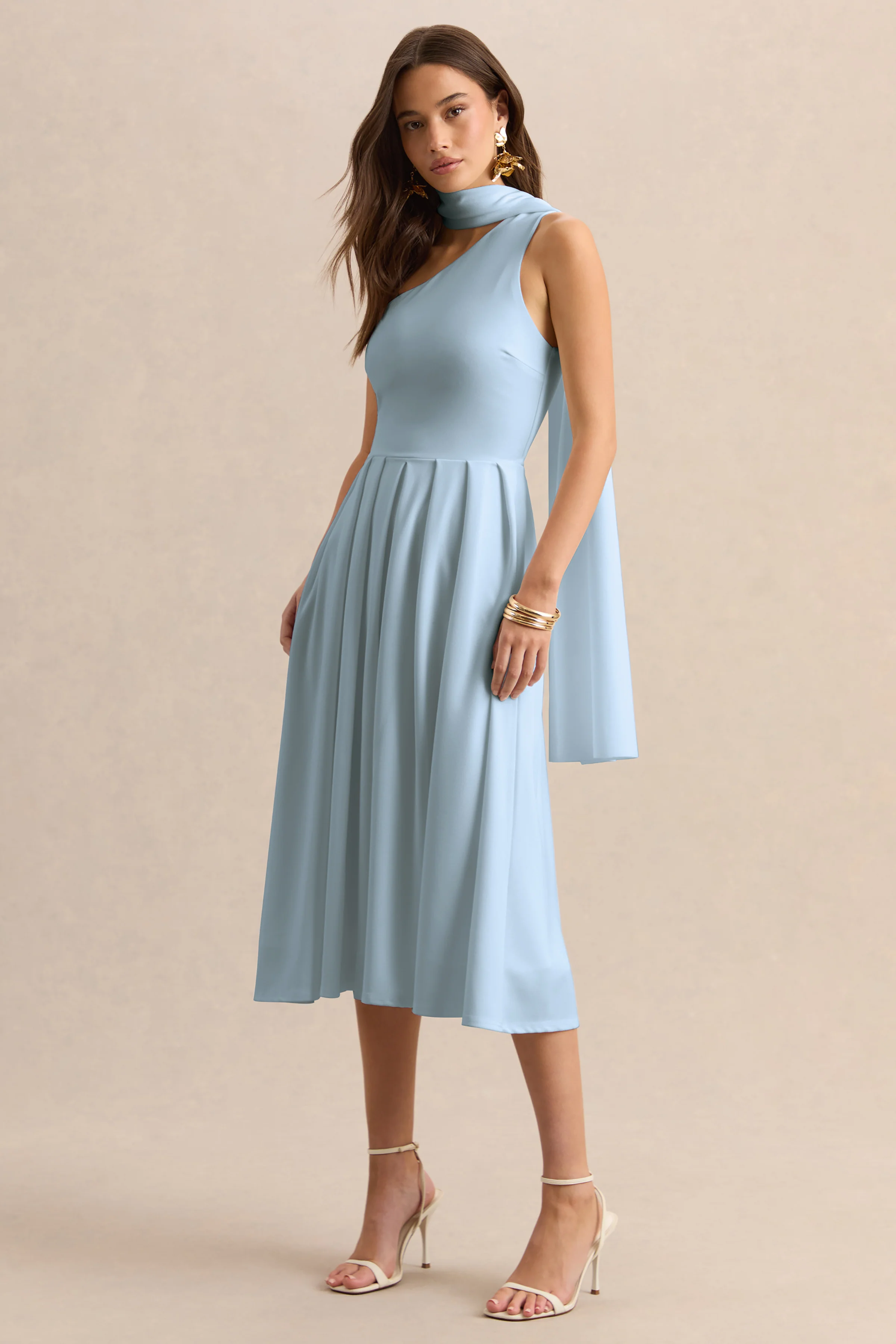 Odette | Powder Blue Asymmetric-Neck Midi Dress With Scarf - Image 4