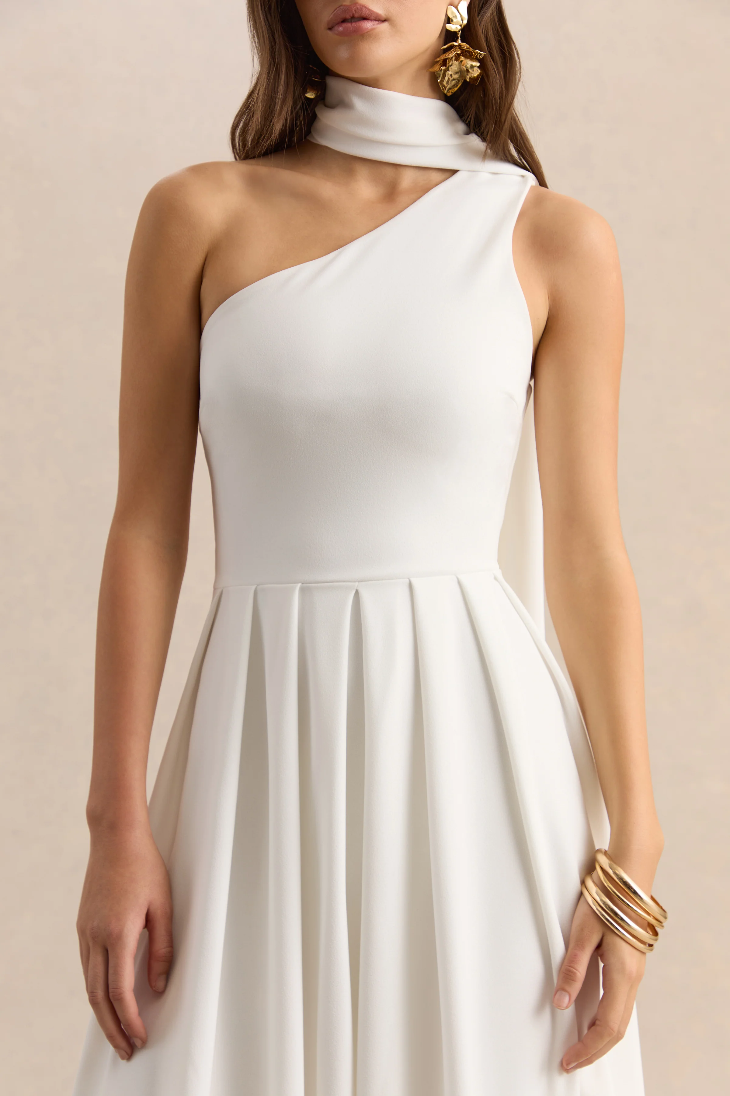 Odette | White Asymmetric-Neck Midi Dress With Scarf - Image 3