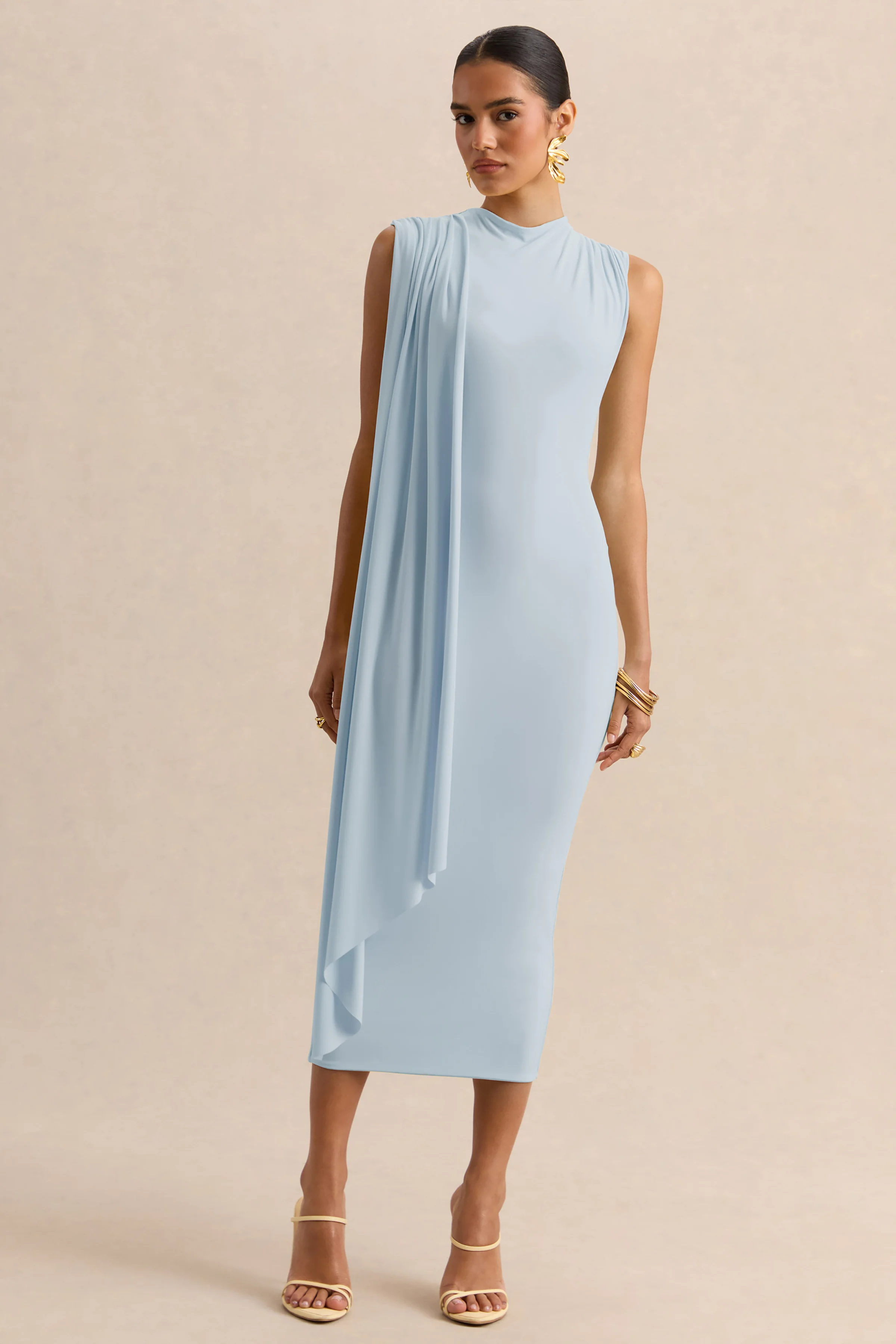 Oleandra | Light Blue High-Neck Midi-Dress With Draped-Detail - Image 6
