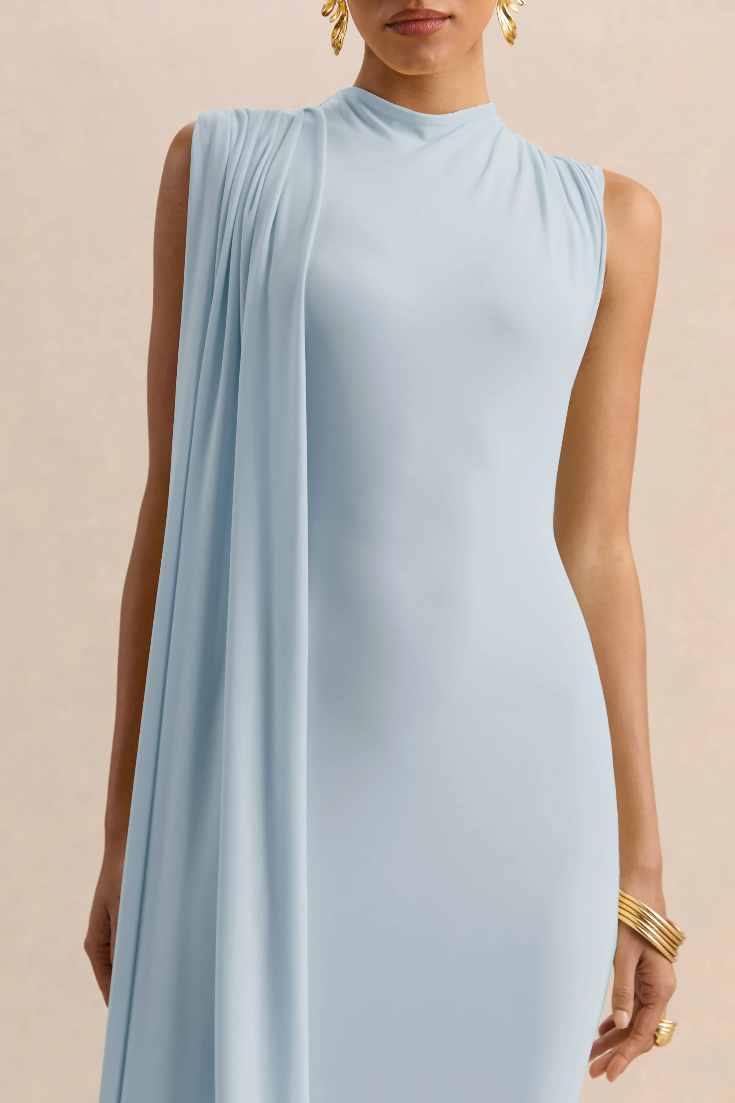 Oleandra | Light Blue High-Neck Midi-Dress With Draped-Detail - Image 7