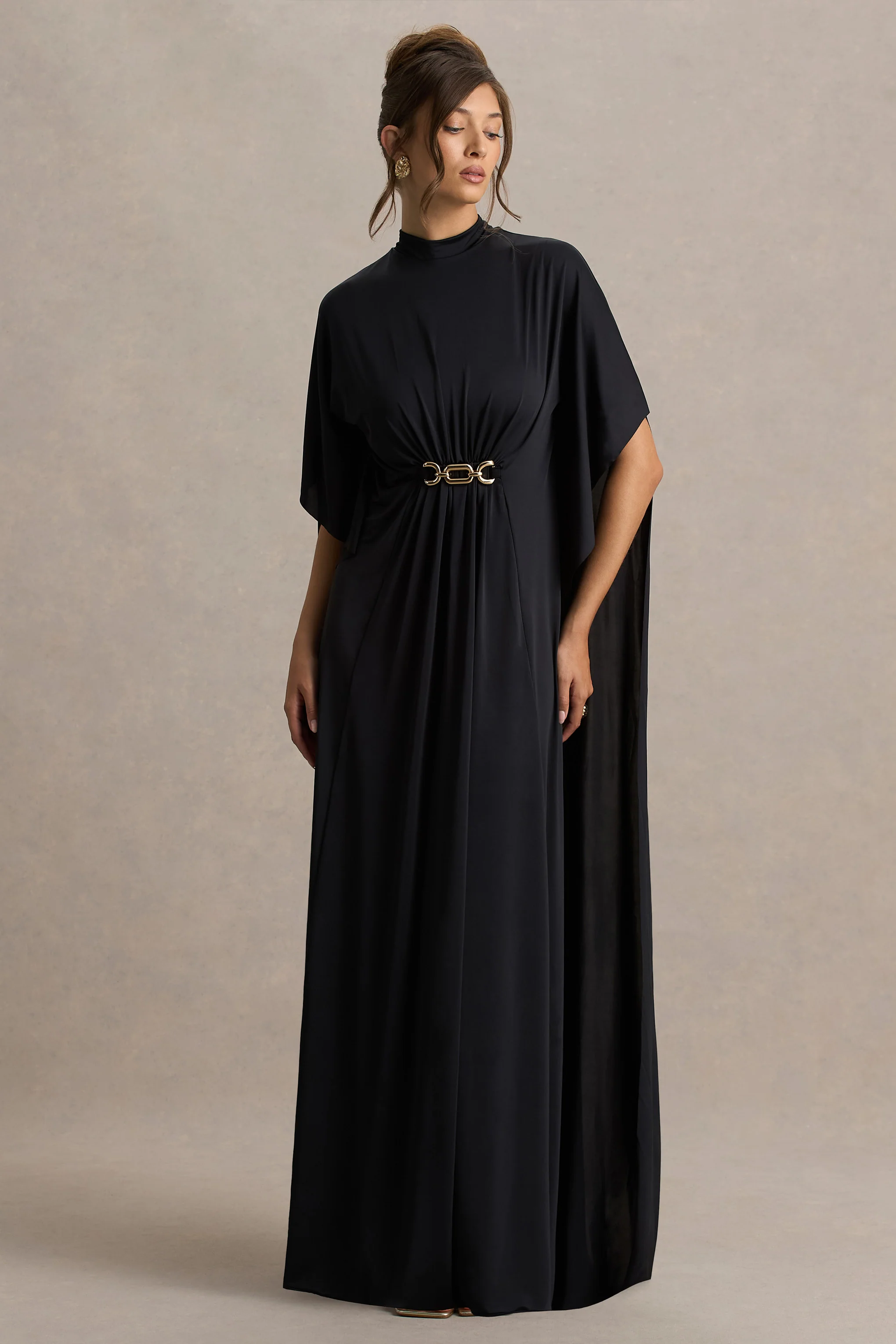 Olessia | Black Belted Gathered Cape-Sleeve Maxi Dress - Image 3