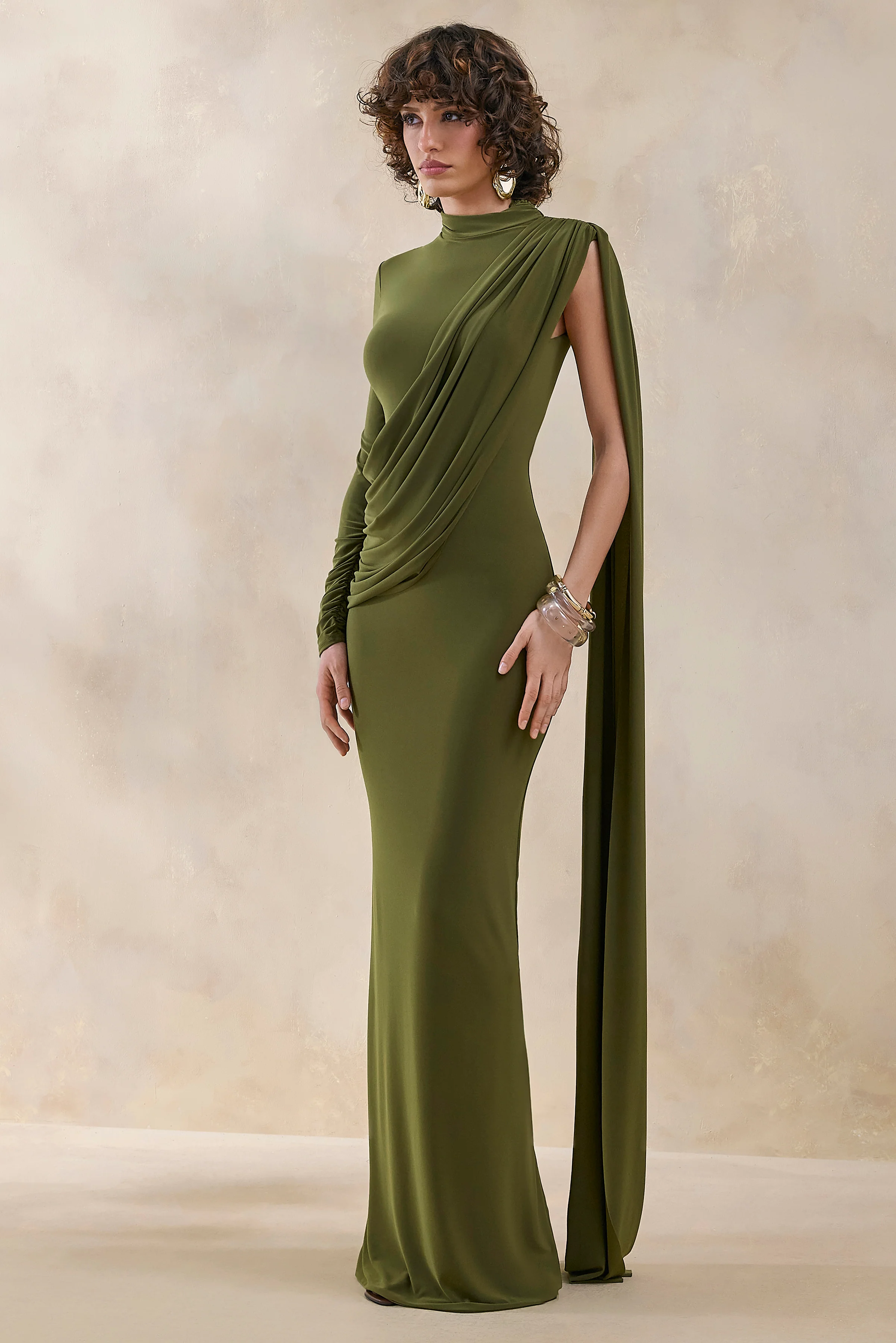Oliria | Olive High-Neck Maxi Dress With One-Long Sleeve And Sash-Detail - Image 5