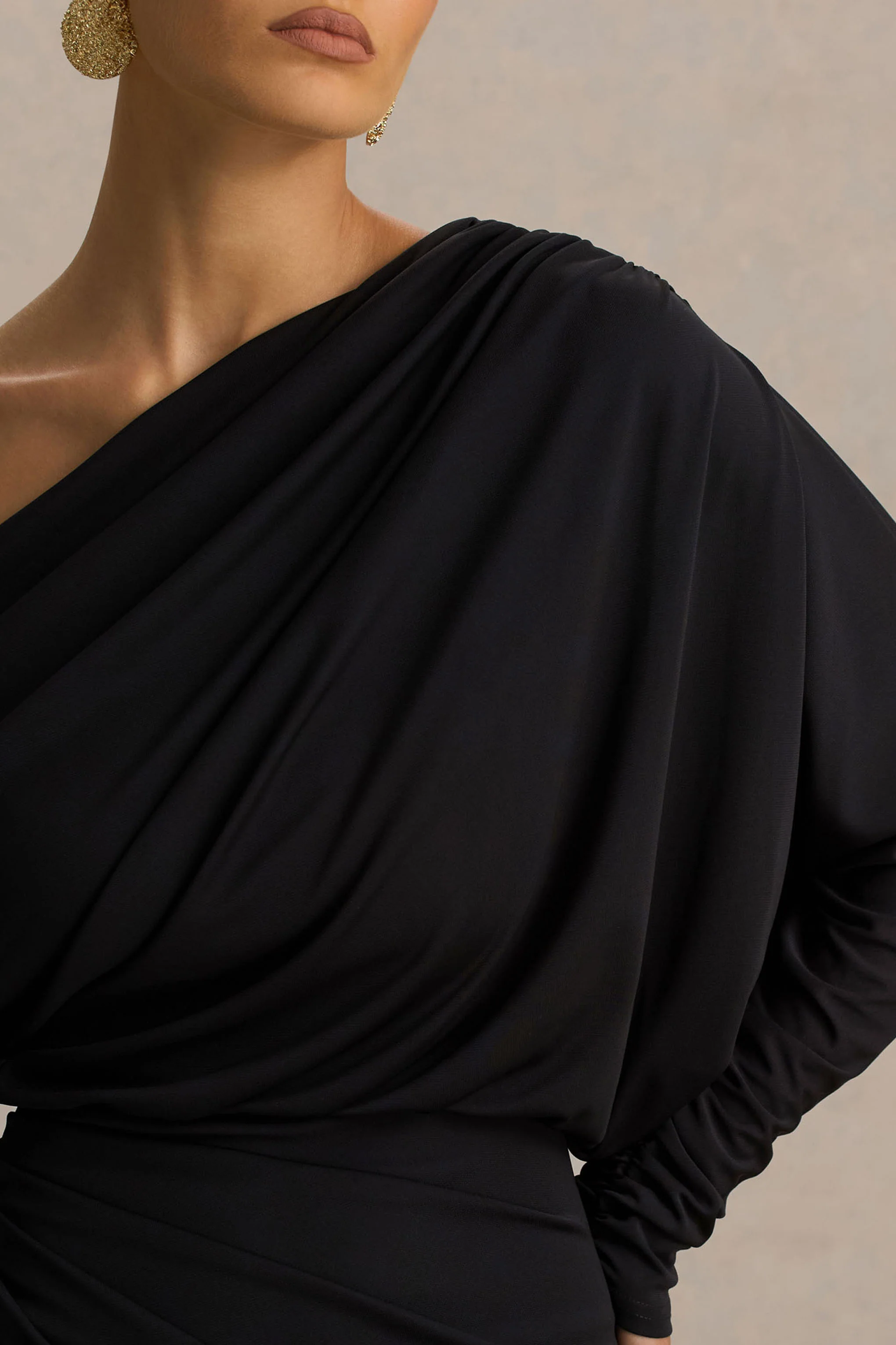 Olivia | Black Asymmetric-Neck Maxi Dress With Ruched Detailing And Asymmetric-Hem - Image 4