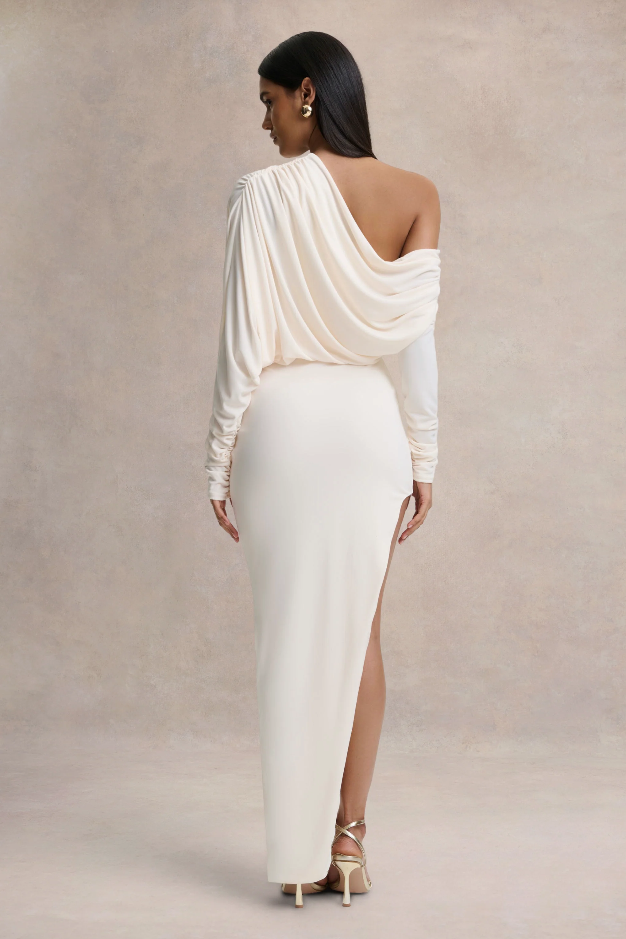 Olivia | Cream Asymmetric-Neck Maxi Dress With Ruched Detailing Asymmetric-Hem - Image 2