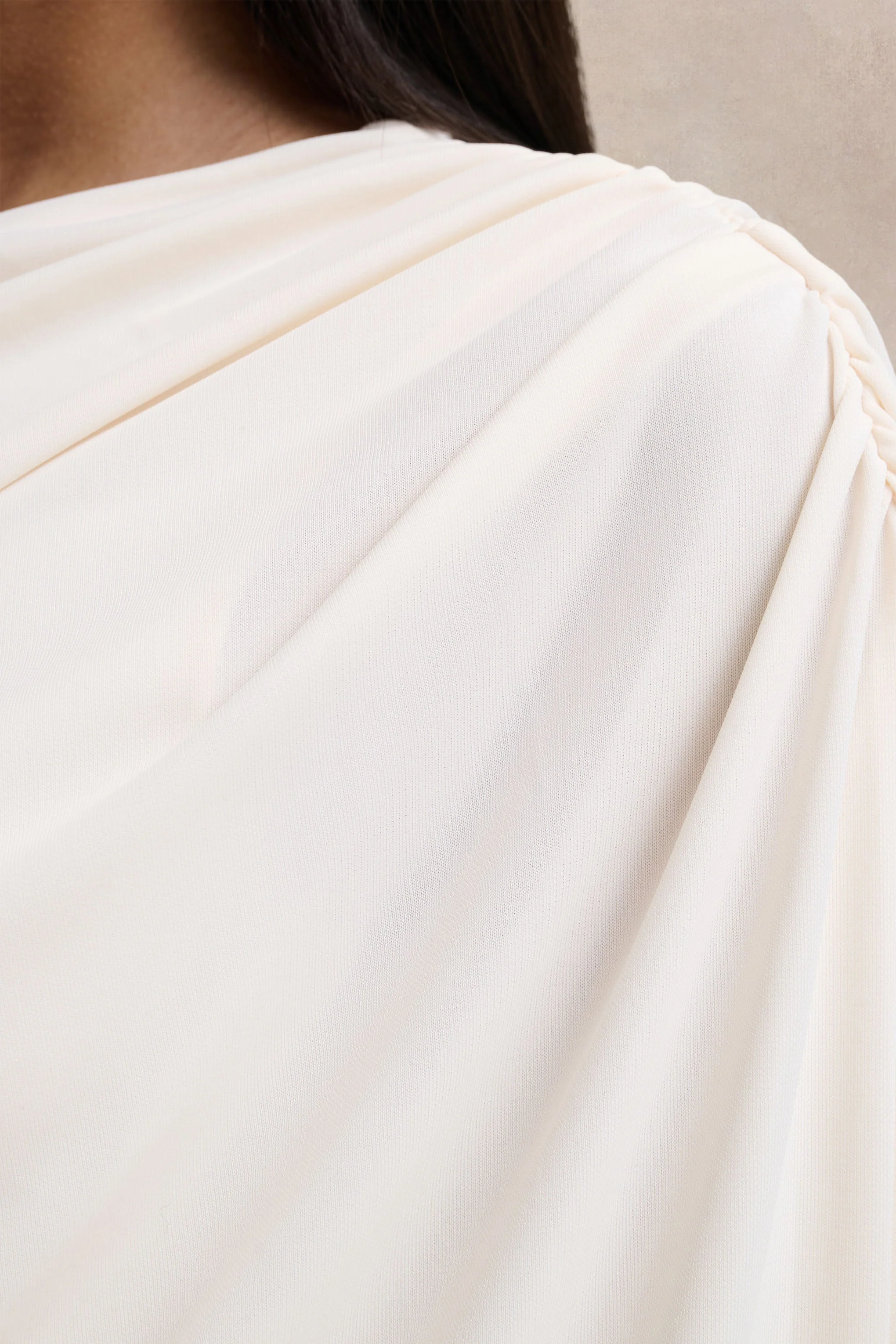 Olivia | Cream Asymmetric-Neck Maxi Dress With Ruched Detailing Asymmetric-Hem - Image 6