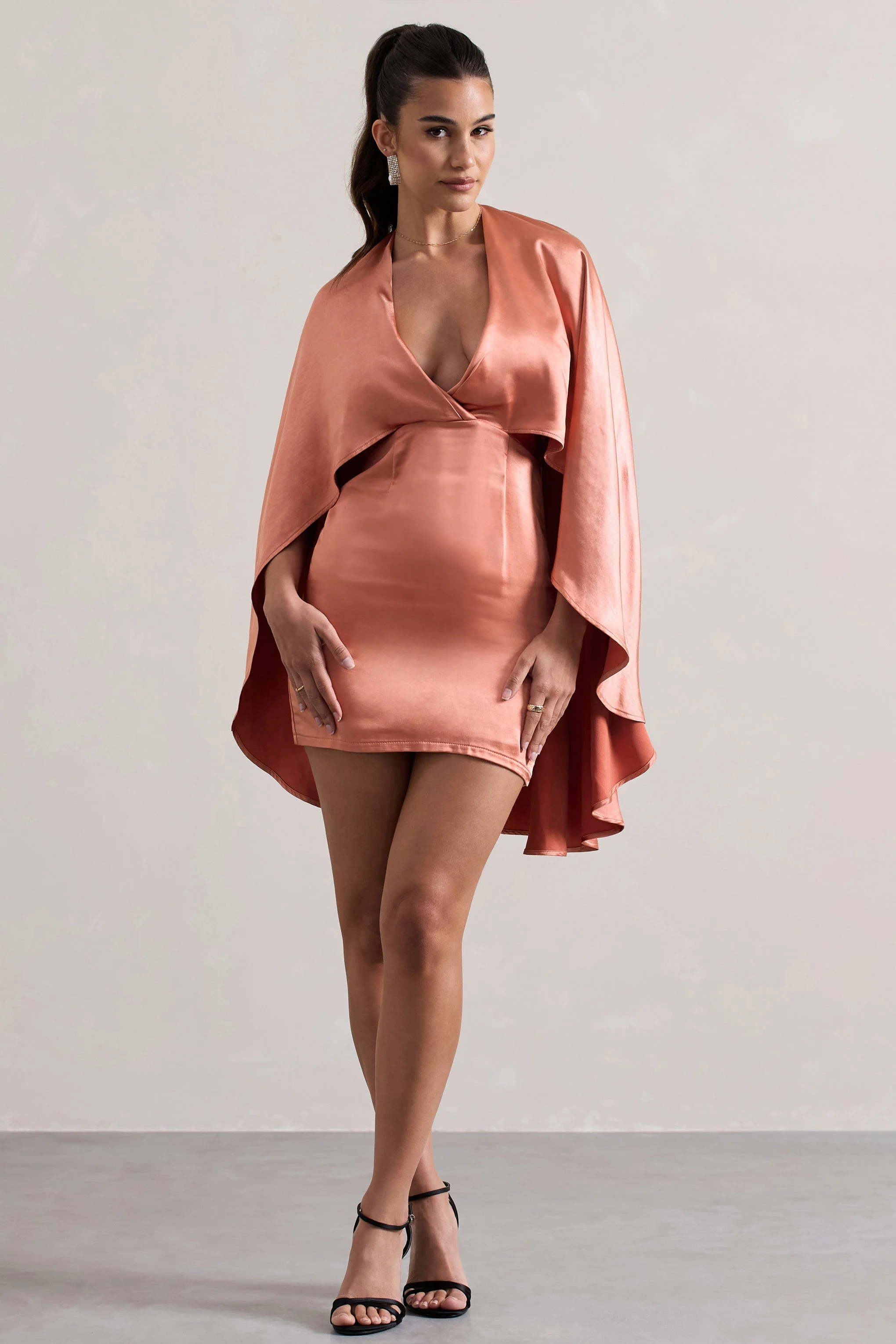 Olsen | Coral Satin Plunge-Neck Cape Mini Dress - Image 3