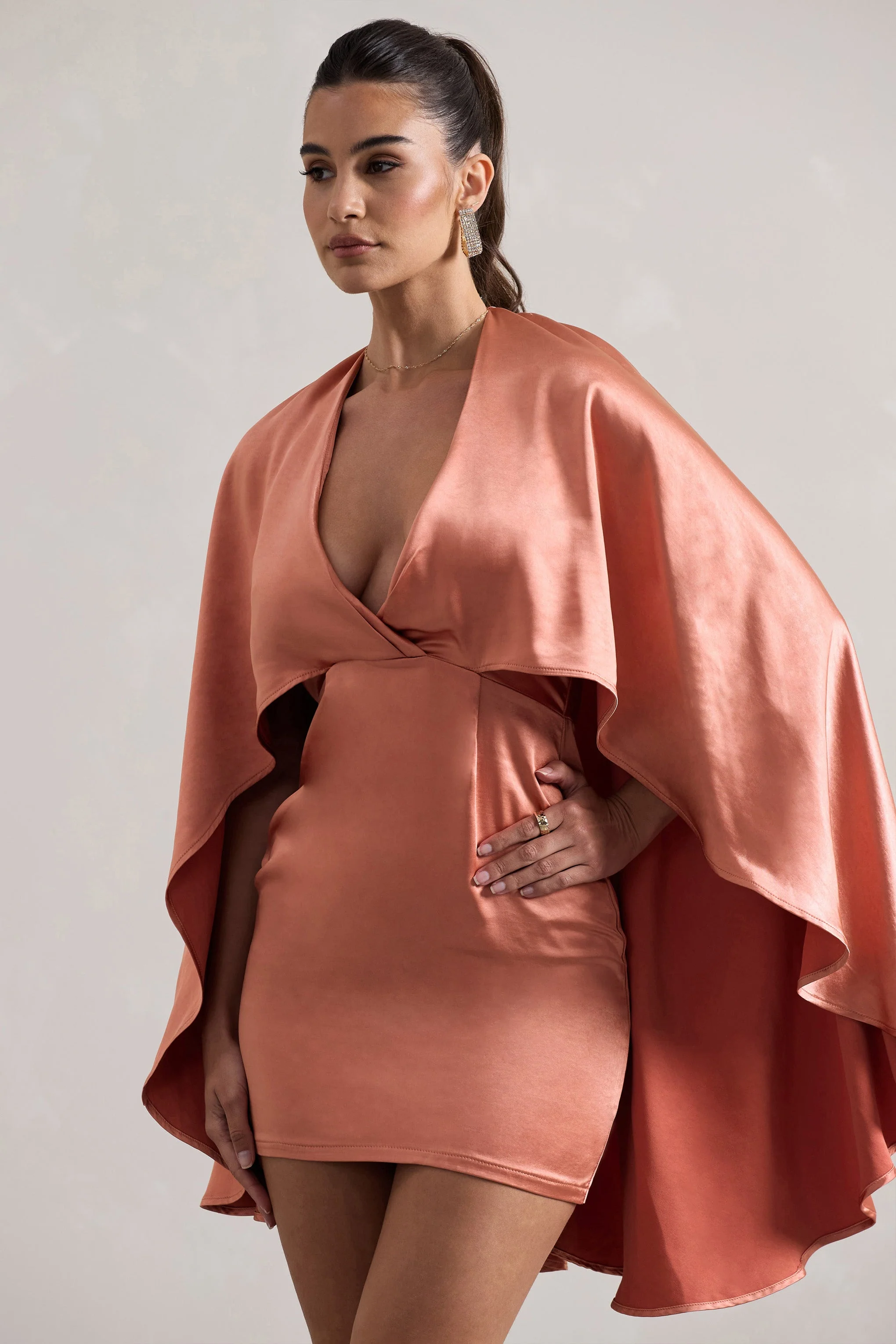 Olsen | Coral Satin Plunge-Neck Cape Mini Dress - Image 5