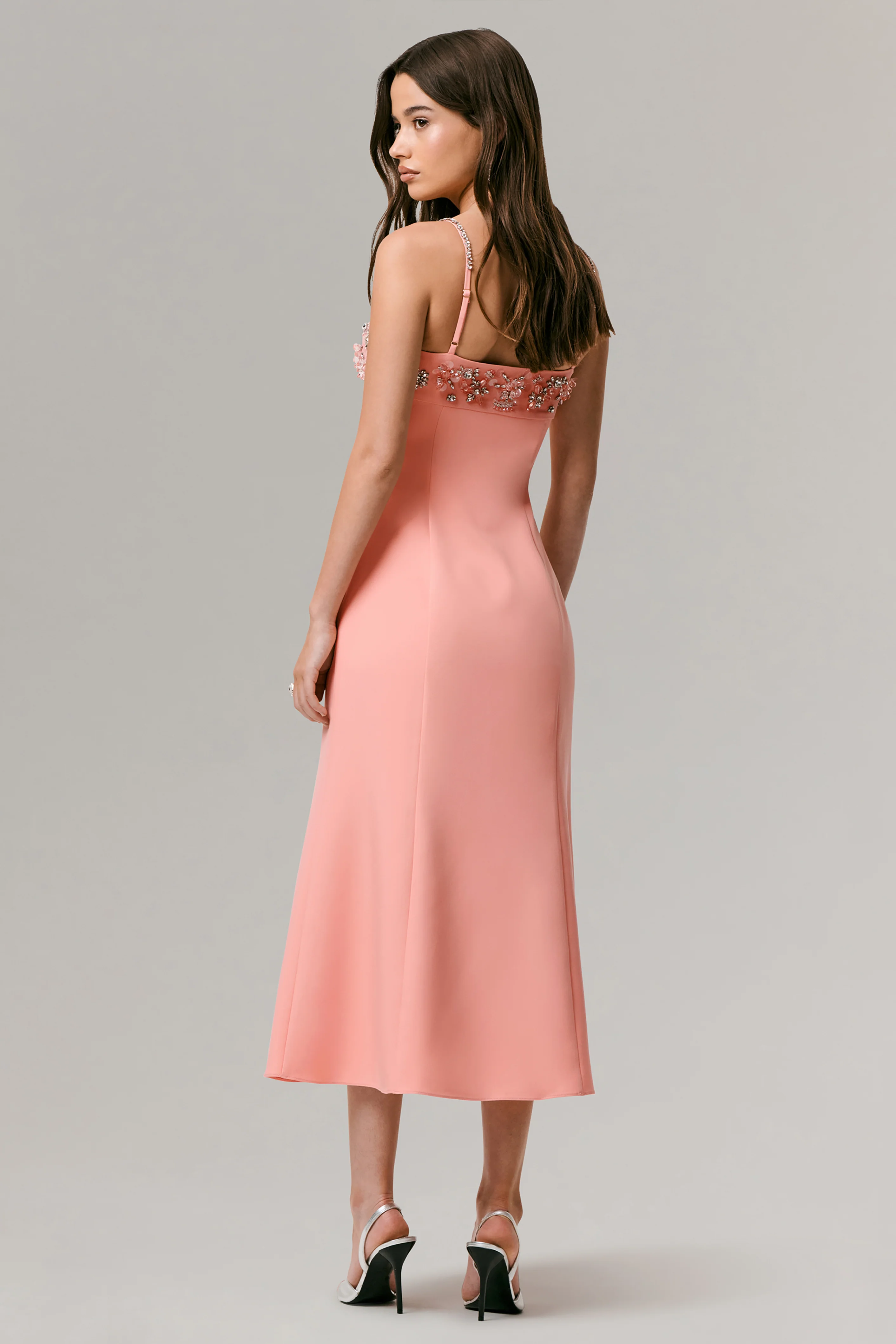 One To Remember | Coral Square-Neck Embellished Midi Dress - Image 4