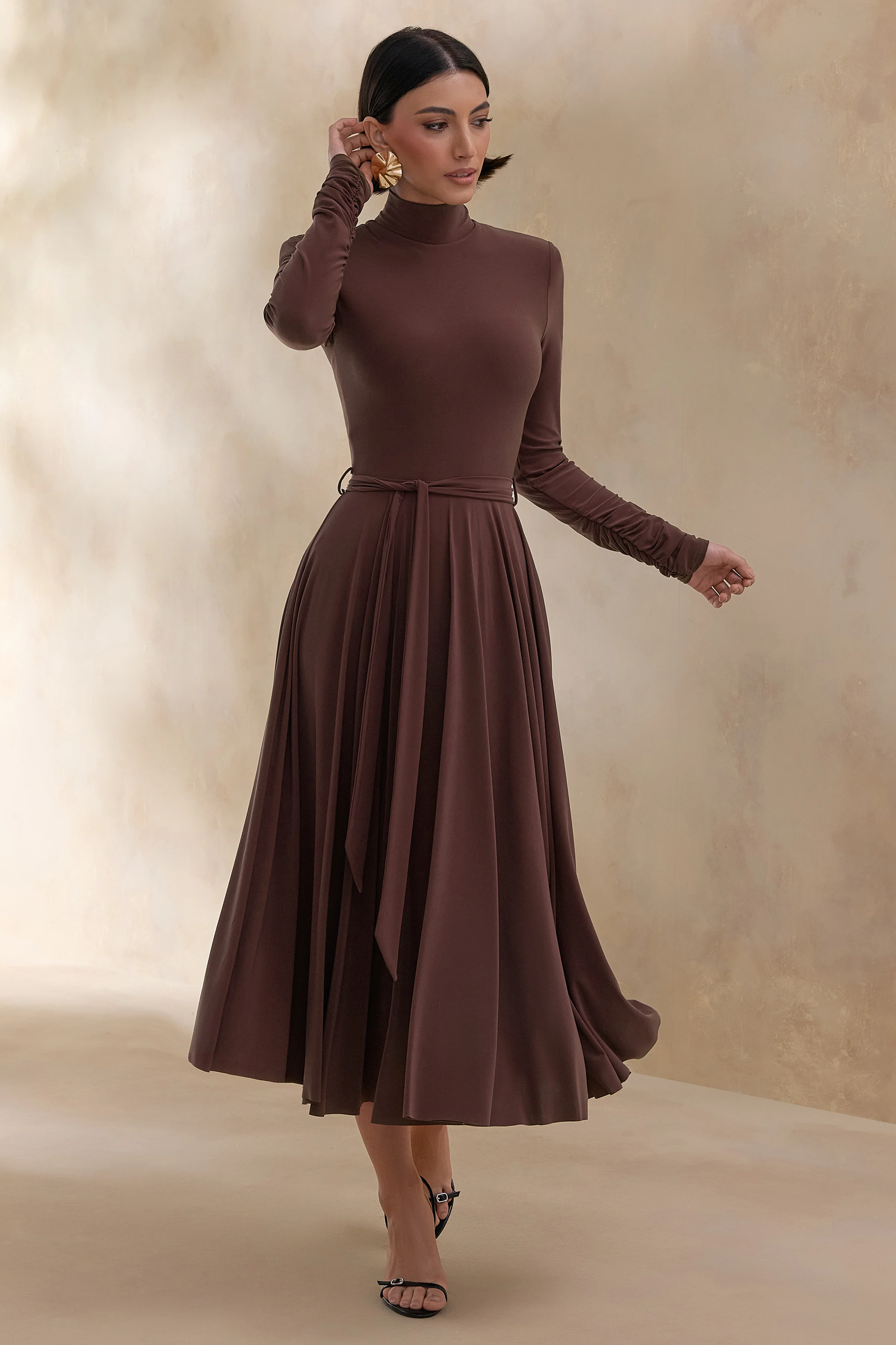 Opalia | Brown High-Neck Belted Midi Dress - Image 5