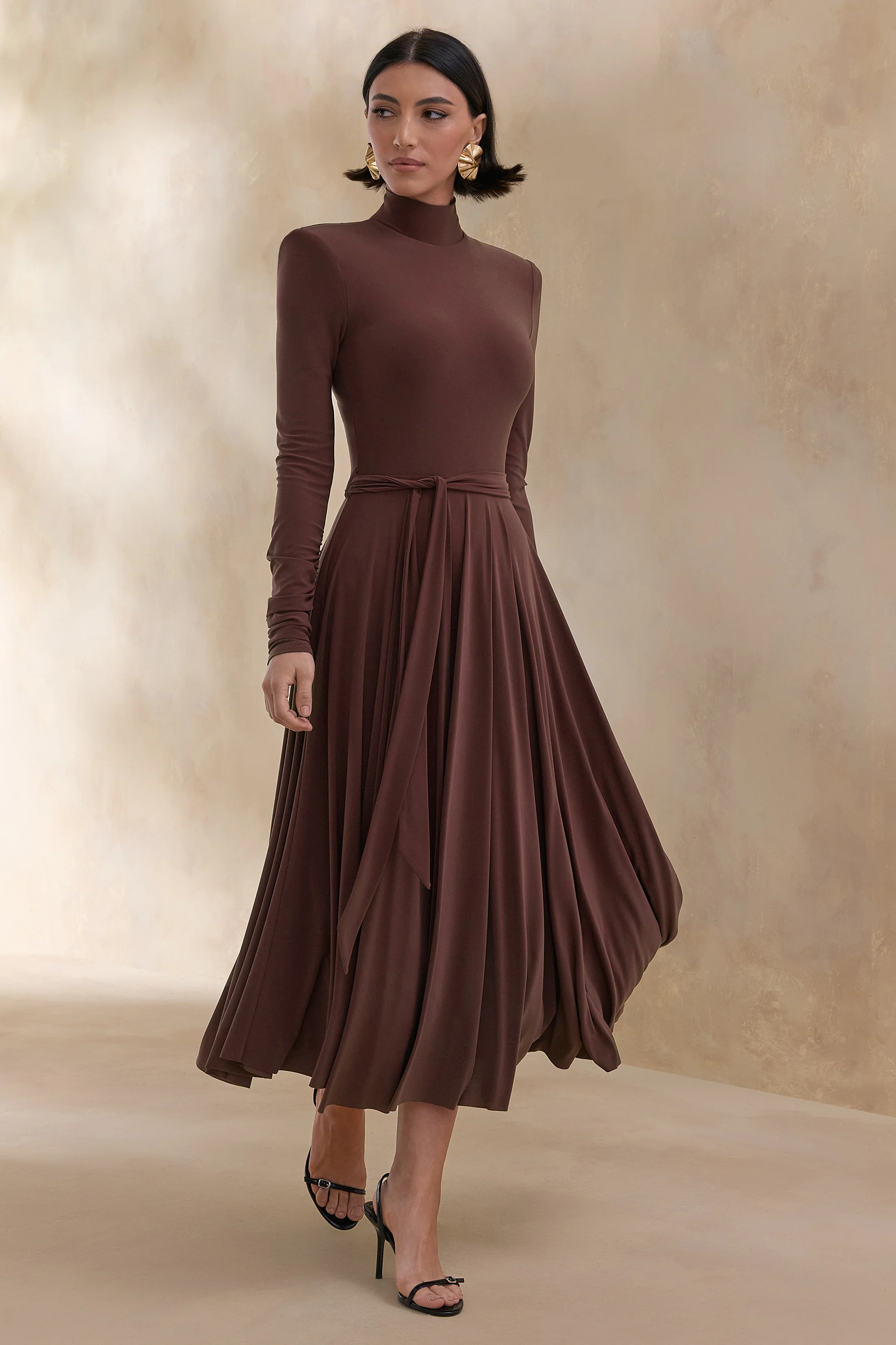 Opalia | Brown High-Neck Belted Midi Dress - Image 6