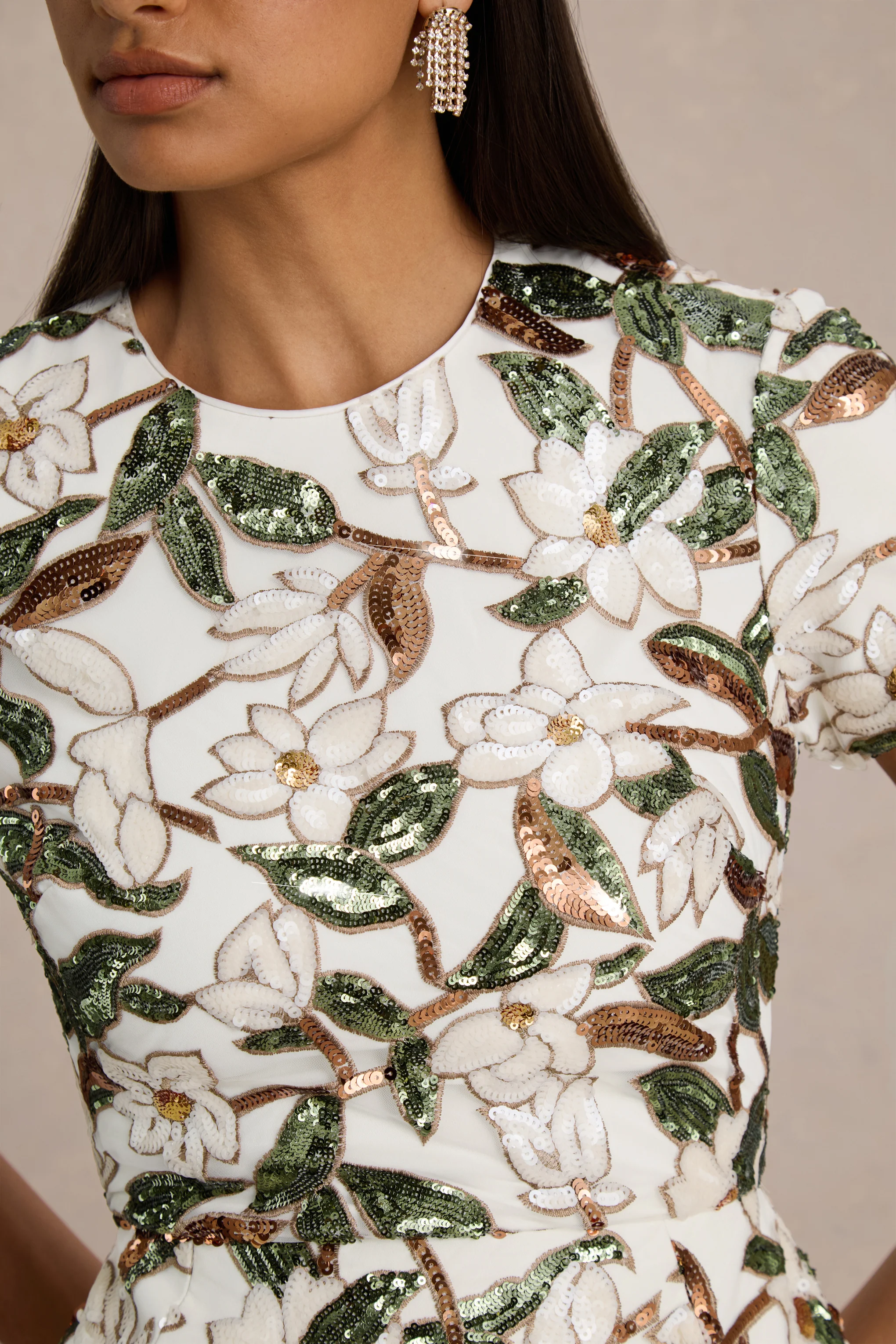 Ophelia | White And Green Embellished Sequin Floral And Mesh Mini Dress With Short Sleeves - Image 6