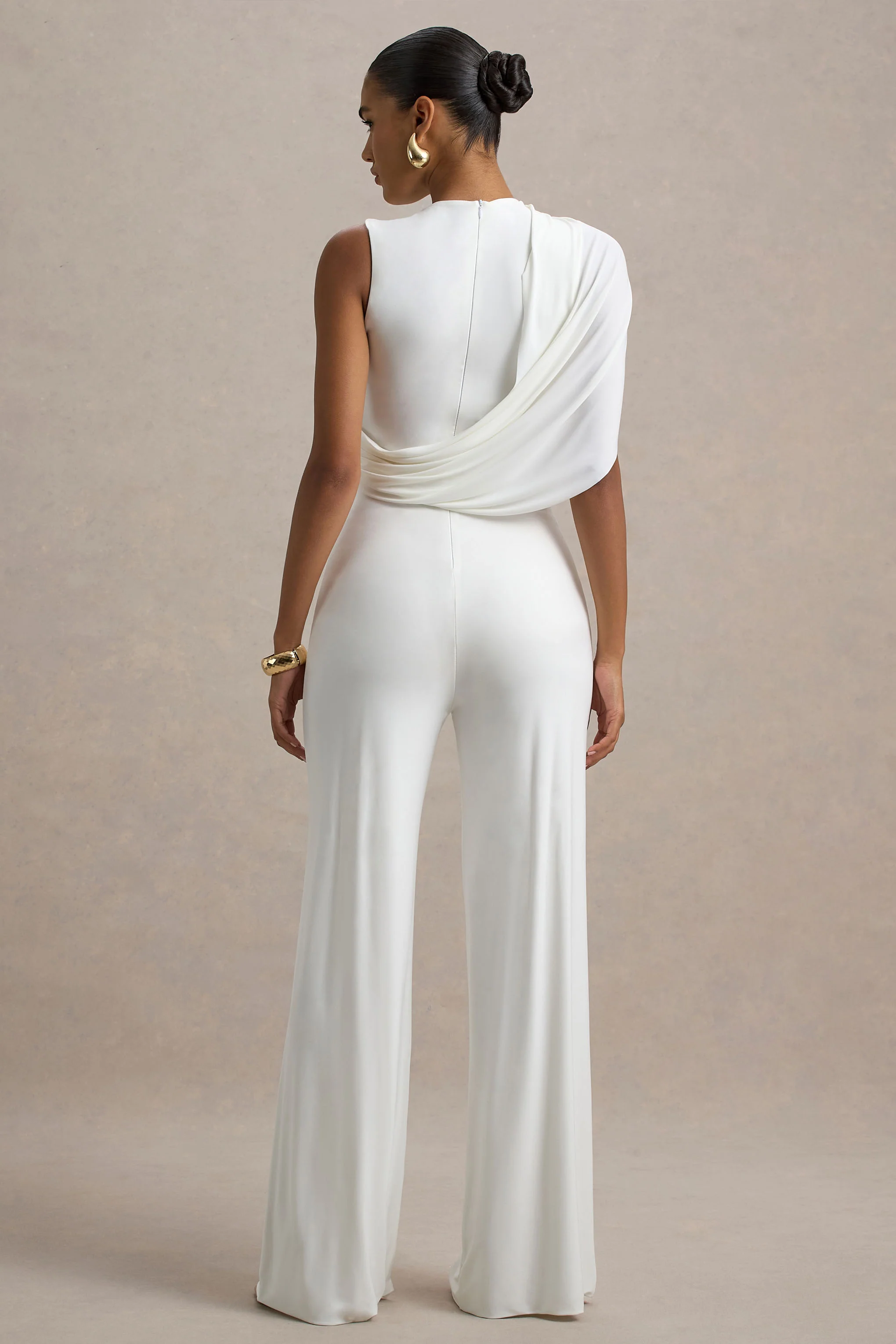 Opulence | White Jumpsuit With Cape Sleeve and Draped Details - Image 2