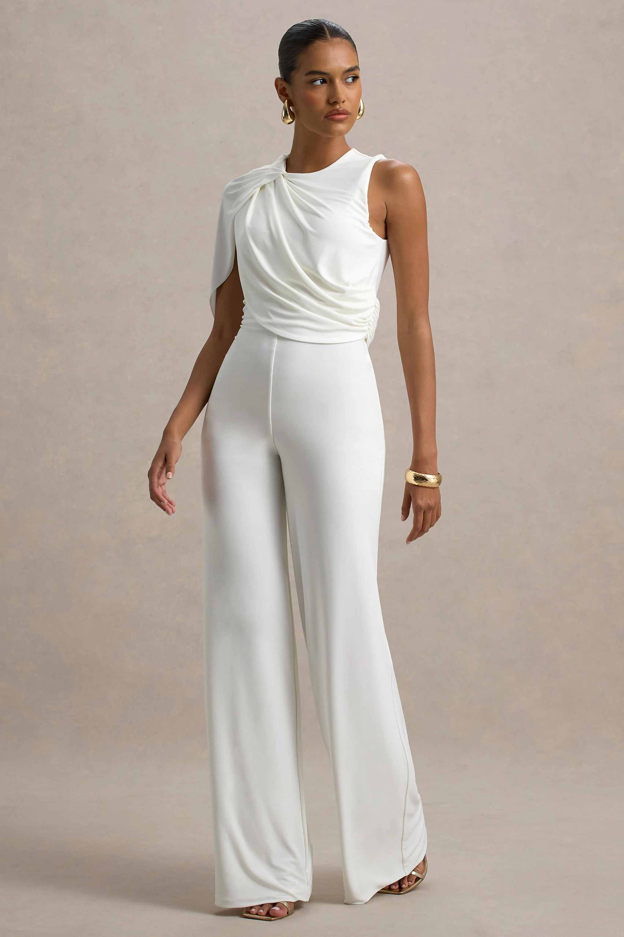 Opulence | White Jumpsuit With Cape Sleeve and Draped Details - Image 5