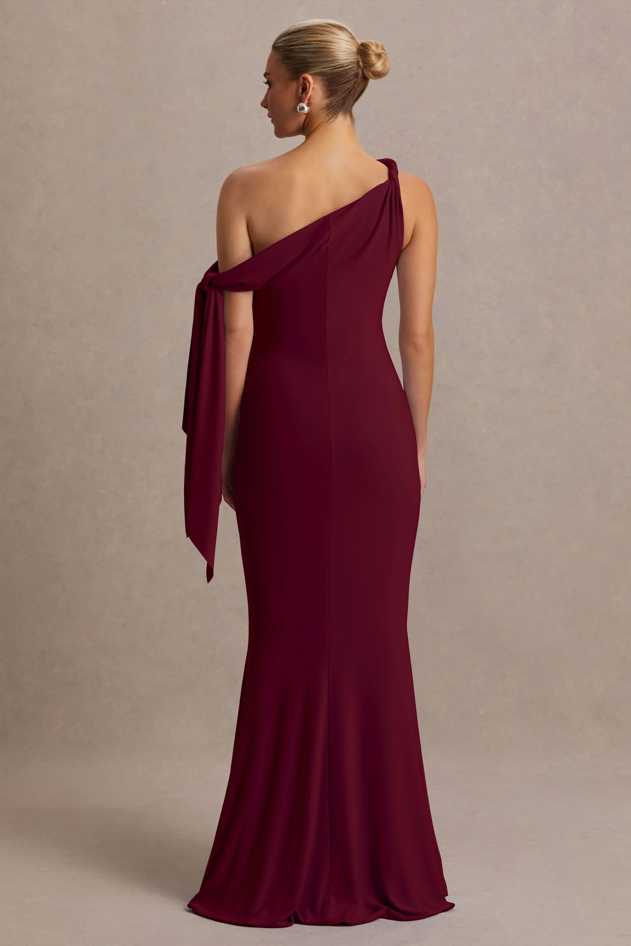Orielle | Burgundy Asymmetric-Neck Maternity Maxi Dress With Knot-Sleeve And Sash - Image 2
