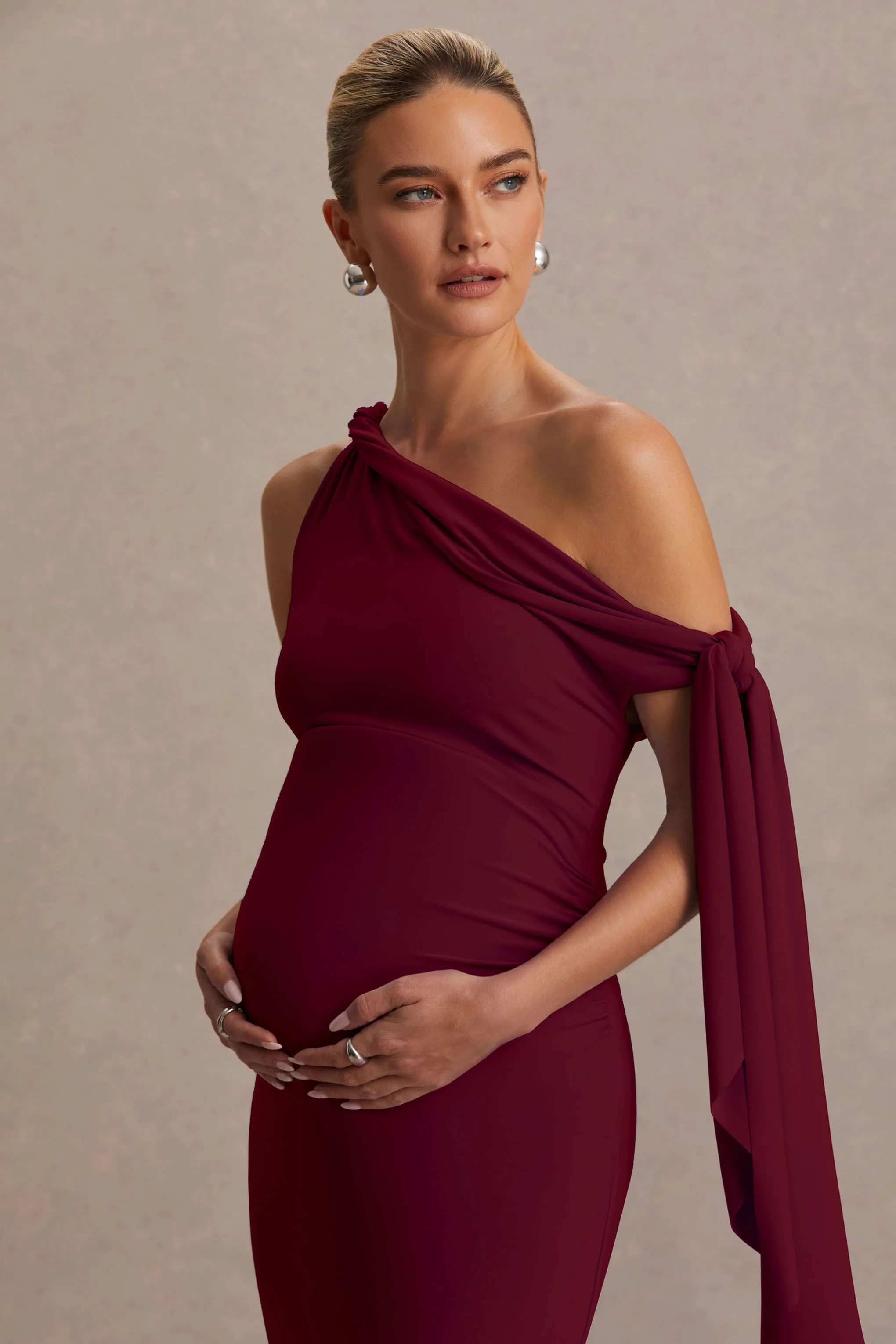 Orielle | Burgundy Asymmetric-Neck Maternity Maxi Dress With Knot-Sleeve And Sash - Image 3