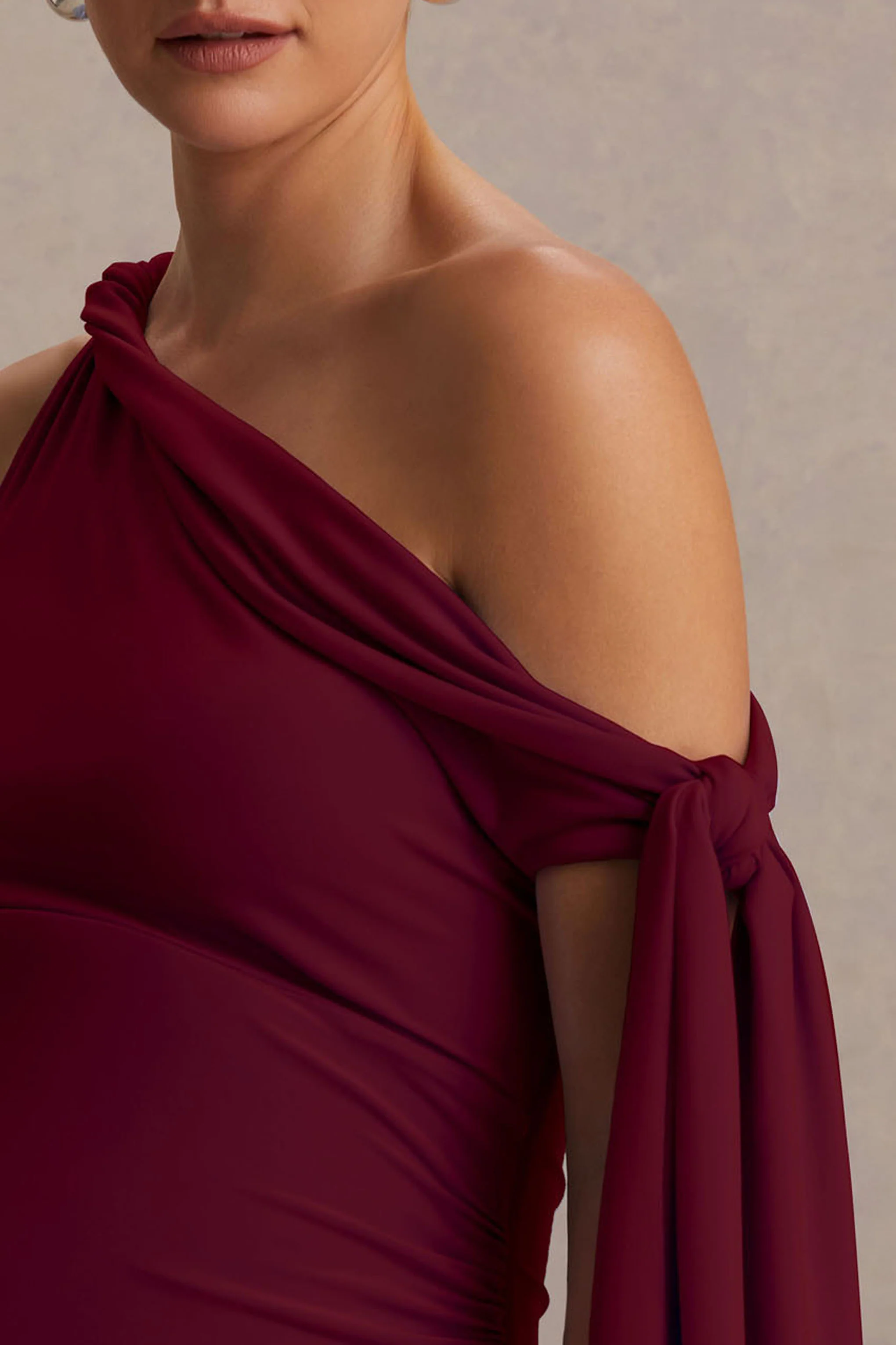 Orielle | Burgundy Asymmetric-Neck Maternity Maxi Dress With Knot-Sleeve And Sash - Image 6