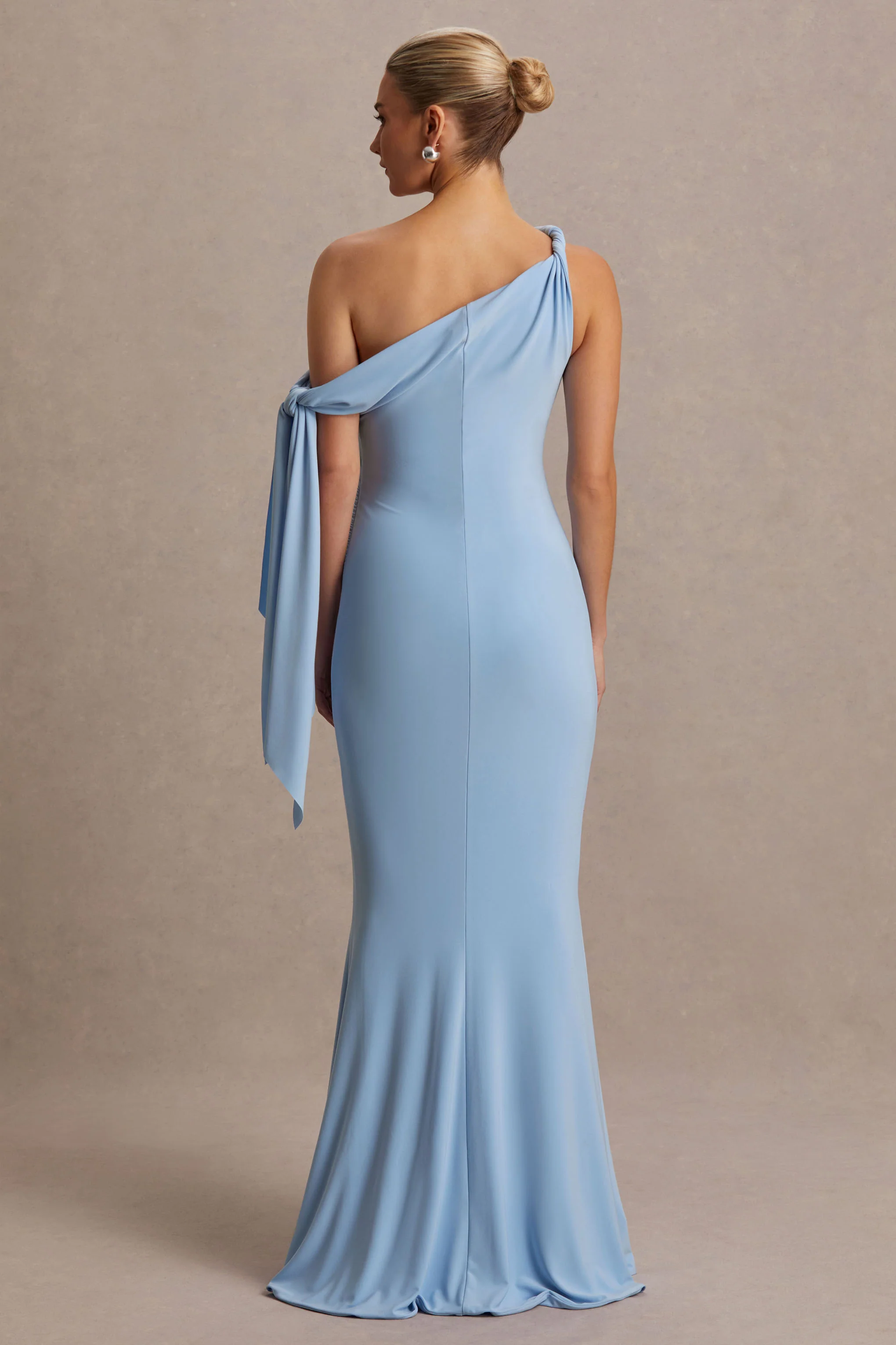 Orielle | Powder Blue Asymmetric-Neck Maternity Maxi Dress With Knot-Sleeve And Sash - Image 2