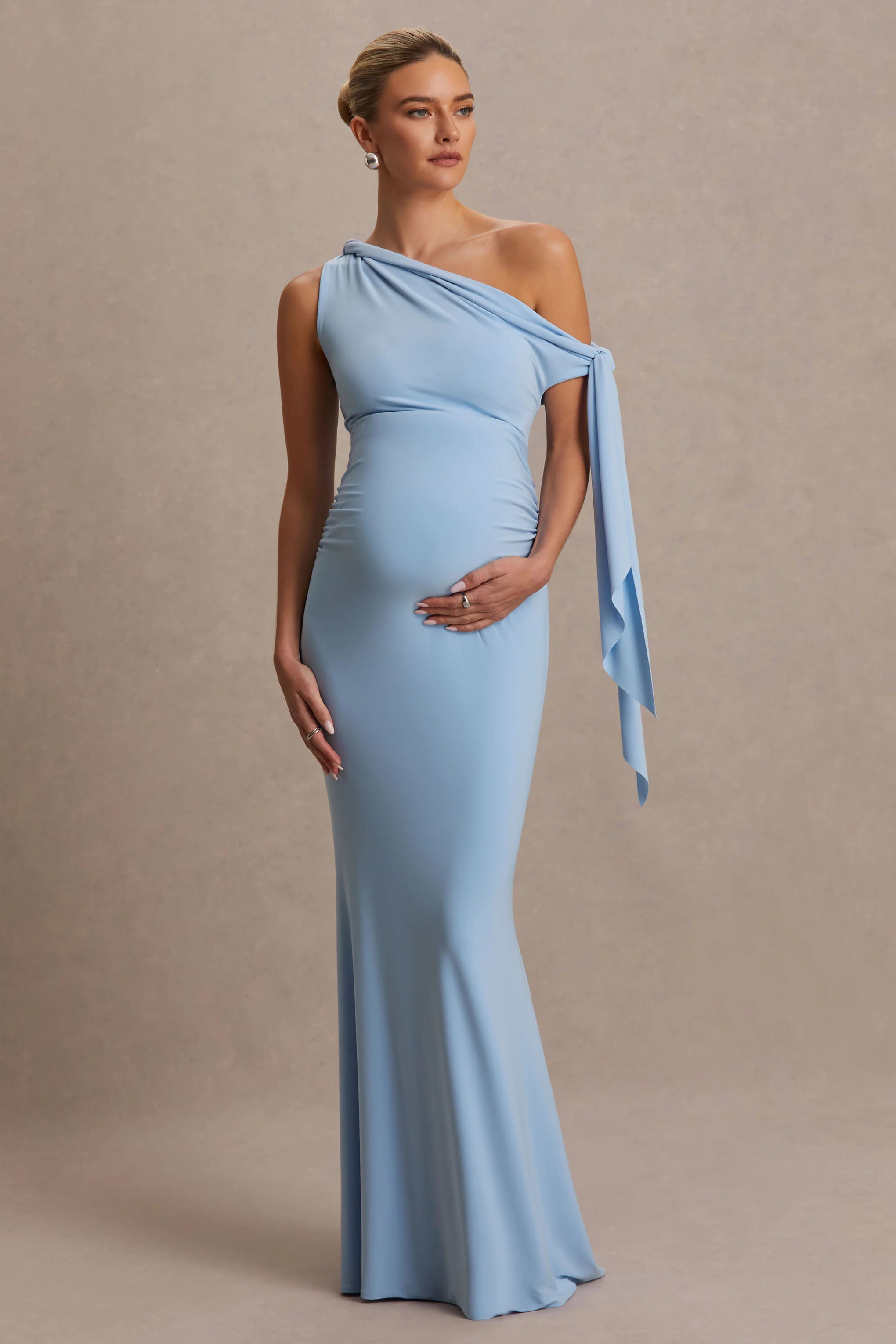 Orielle | Powder Blue Asymmetric-Neck Maternity Maxi Dress With Knot-Sleeve And Sash - Image 4