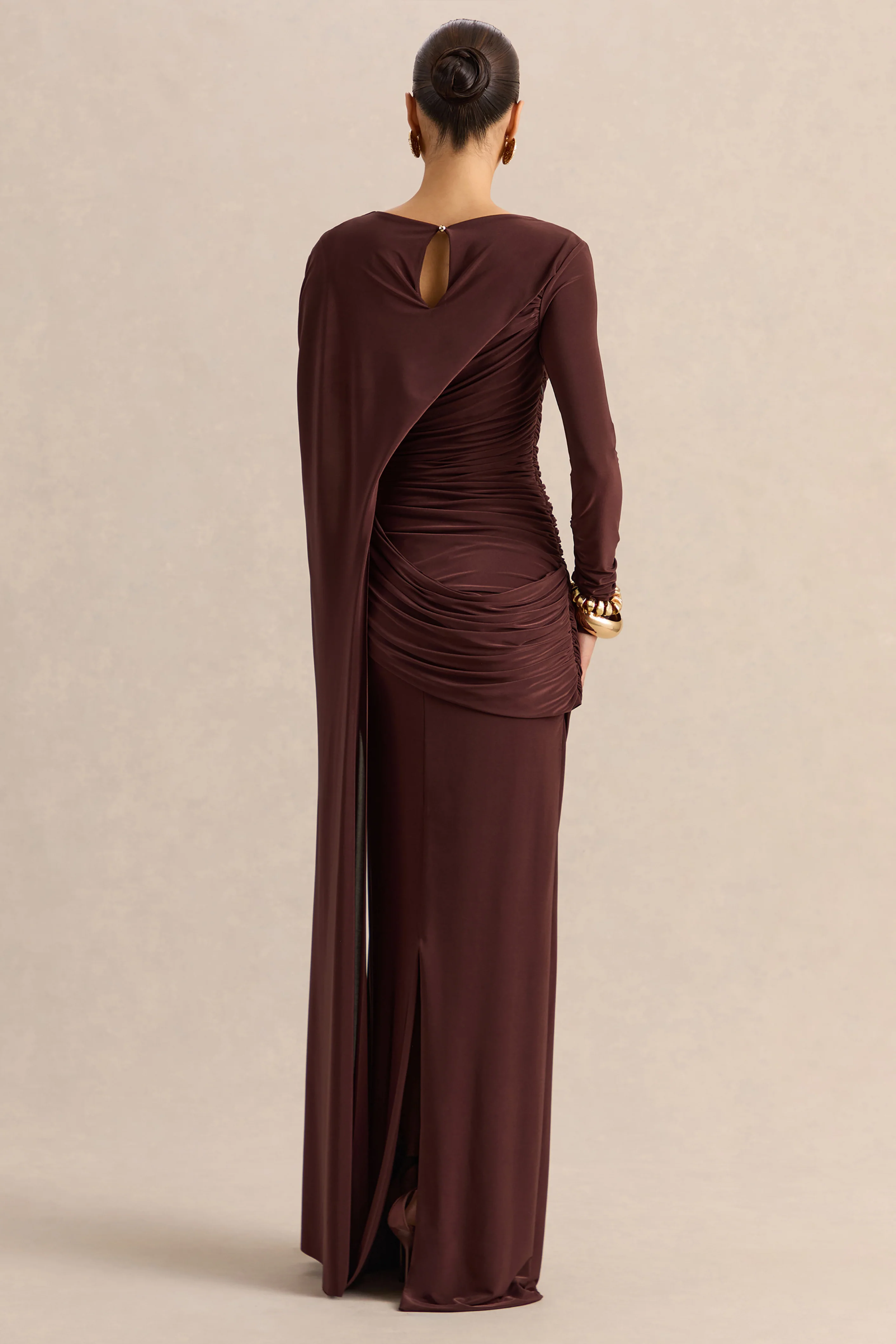 Orintha | Brown Slashed-Neck Maxi Dress With Cape And Gold-Detail - Image 2