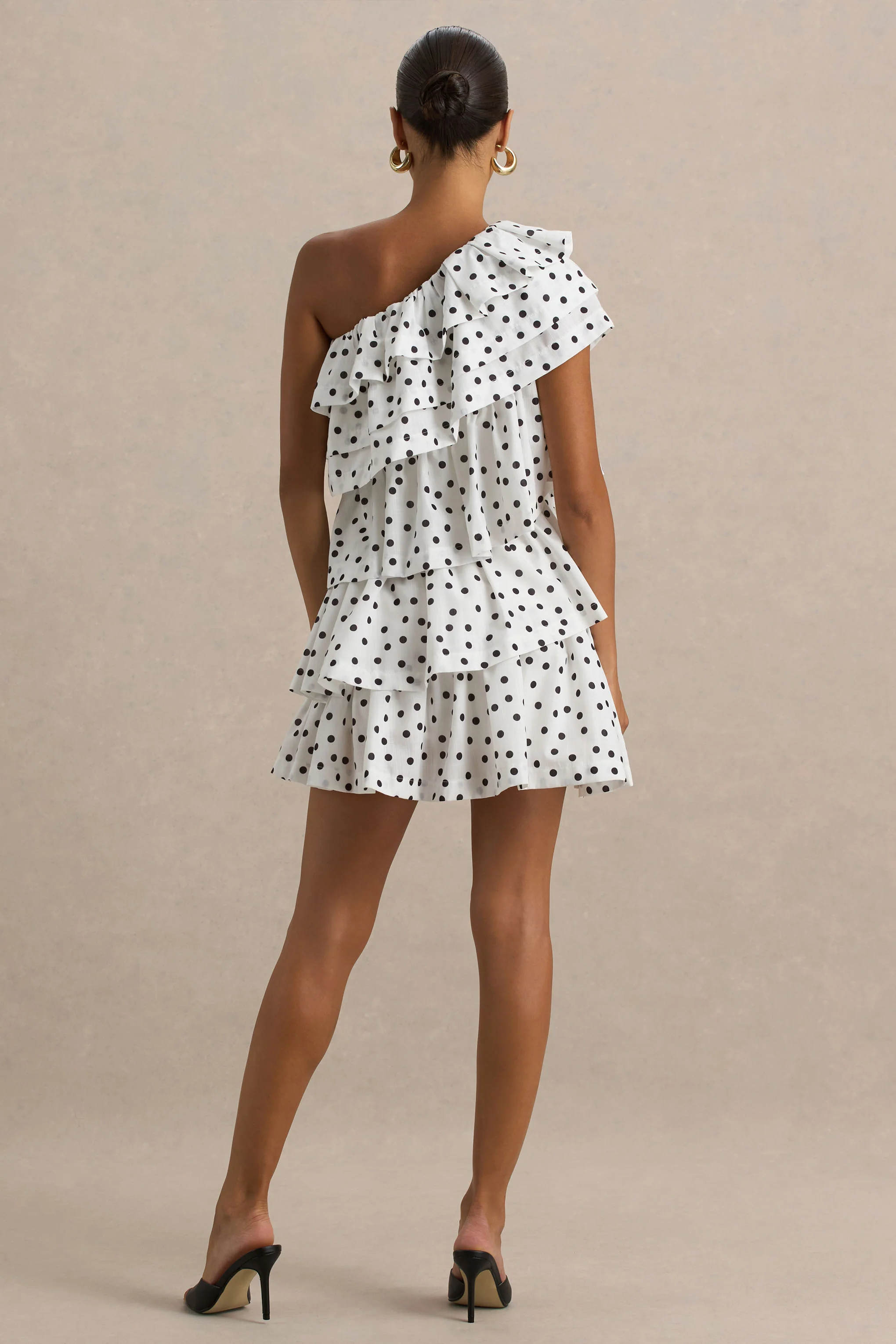 Orla | White Polka Dot Asymmetric Ruffled Mini Dress - Image 2