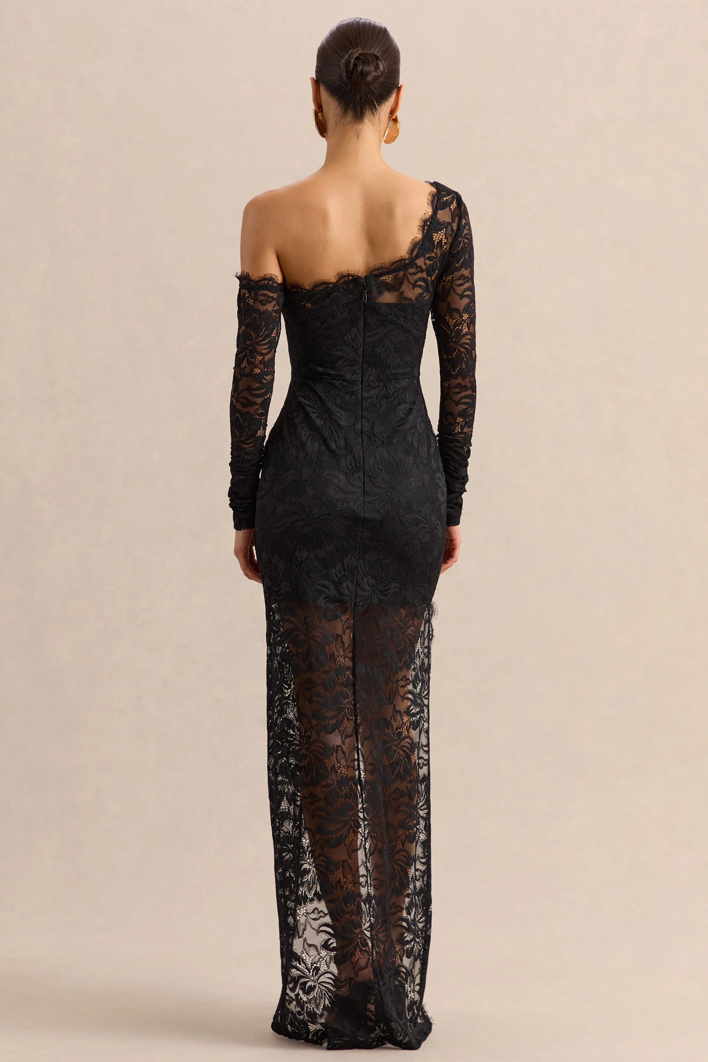 Orlania | Black Lace Asymmetric-Neck Maxi Dress With Asymmetric-Hem - Image 2