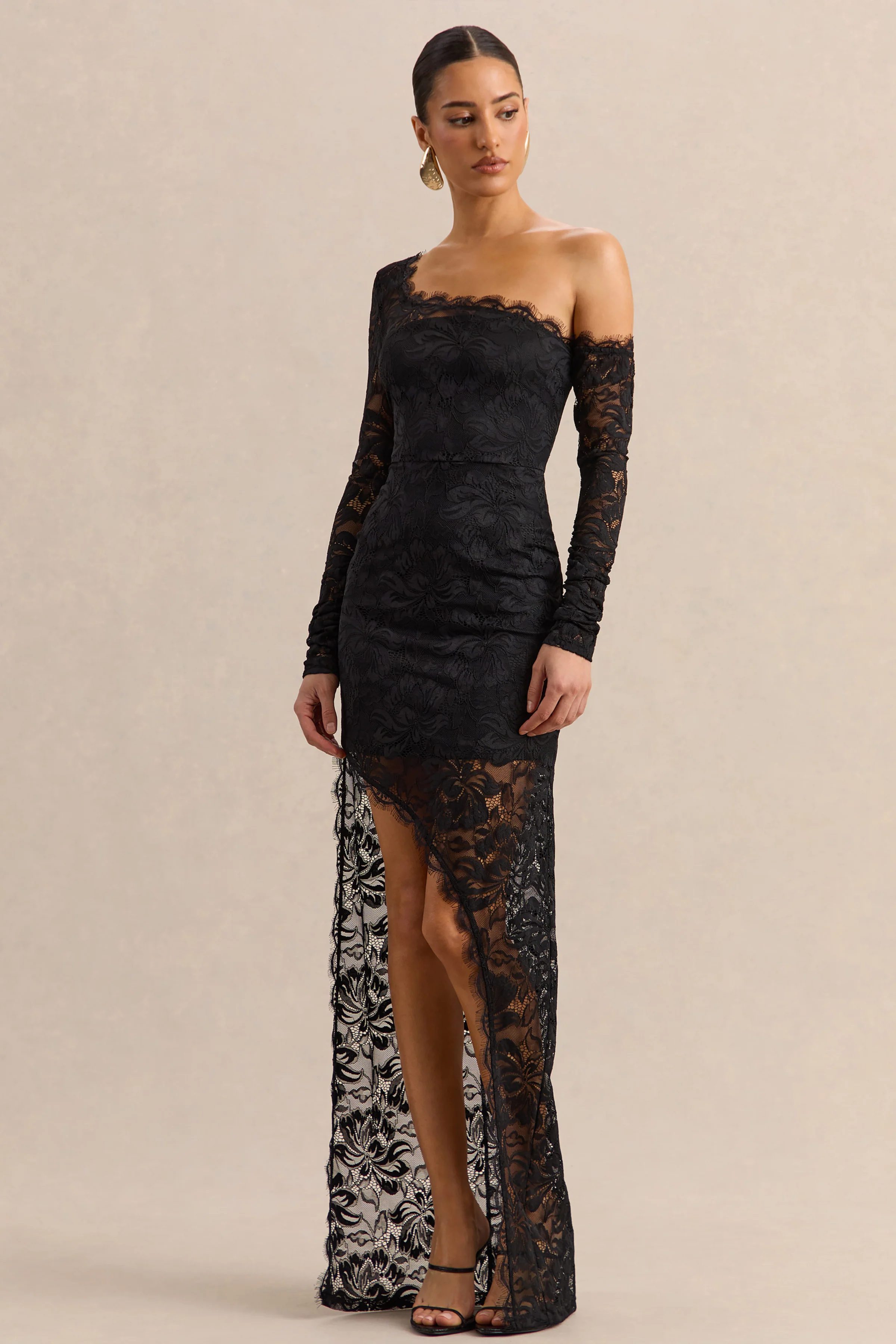 Orlania | Black Lace Asymmetric-Neck Maxi Dress With Asymmetric-Hem - Image 5