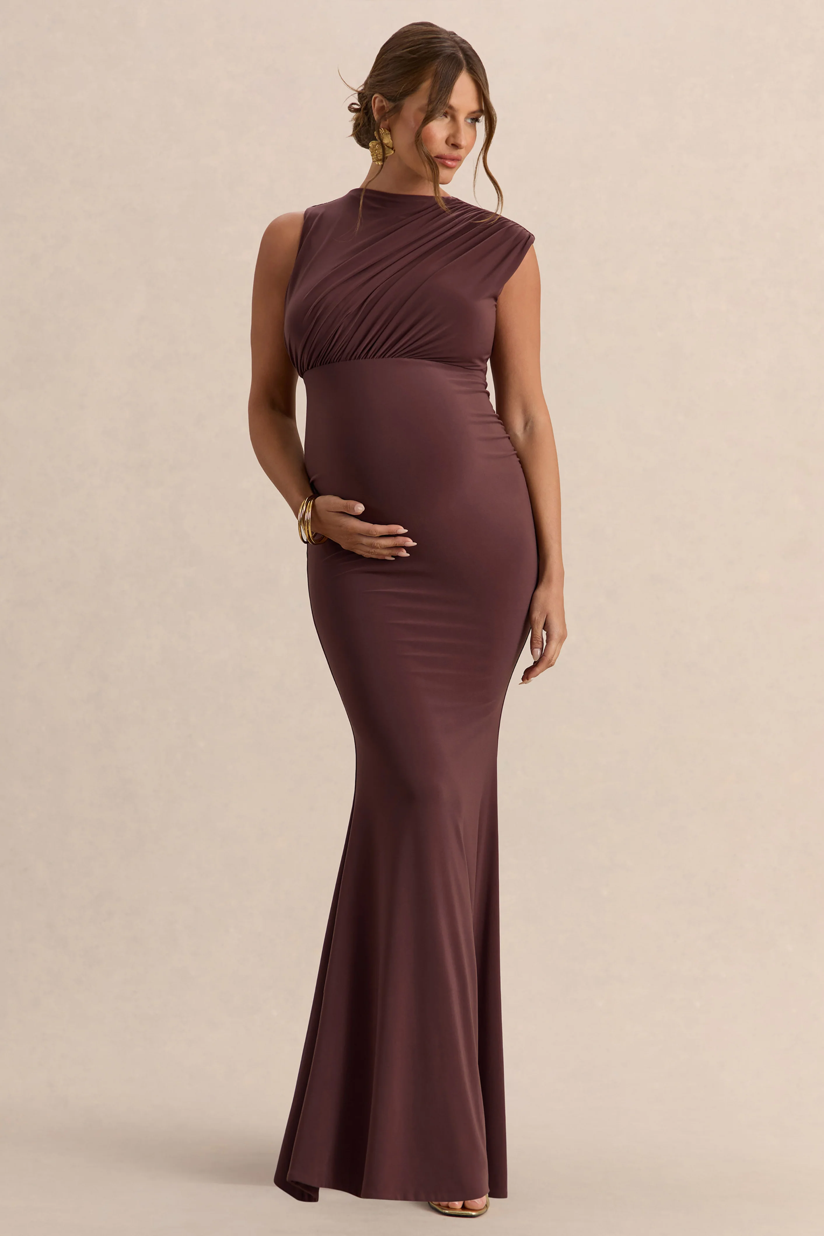 Osanna | Dark Brown Wide-Neck Maternity Maxi Dress With Ruched Detailing