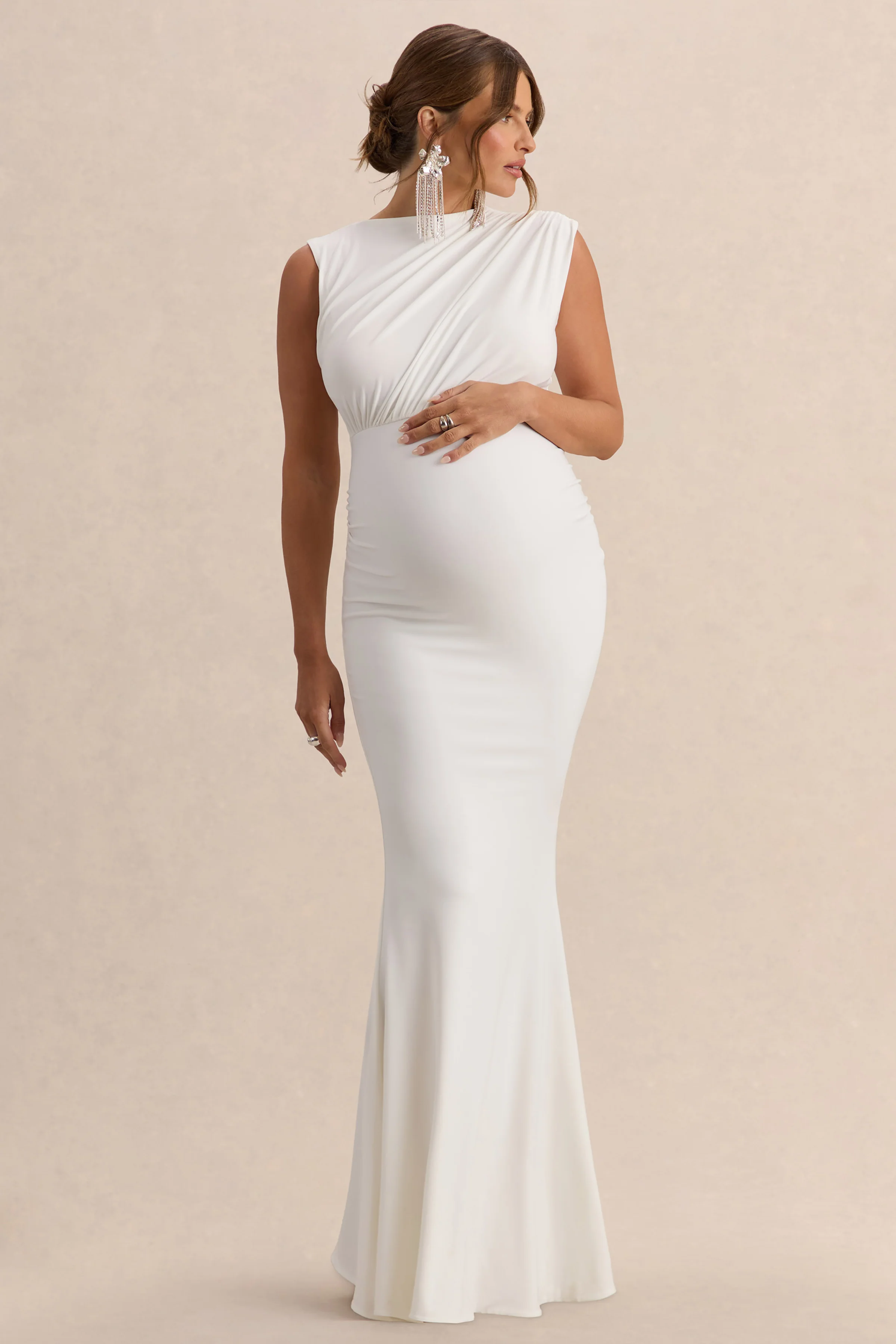 Osanna | White Wide-Neck Maternity Maxi Dress With Ruched Detailing - Image 4