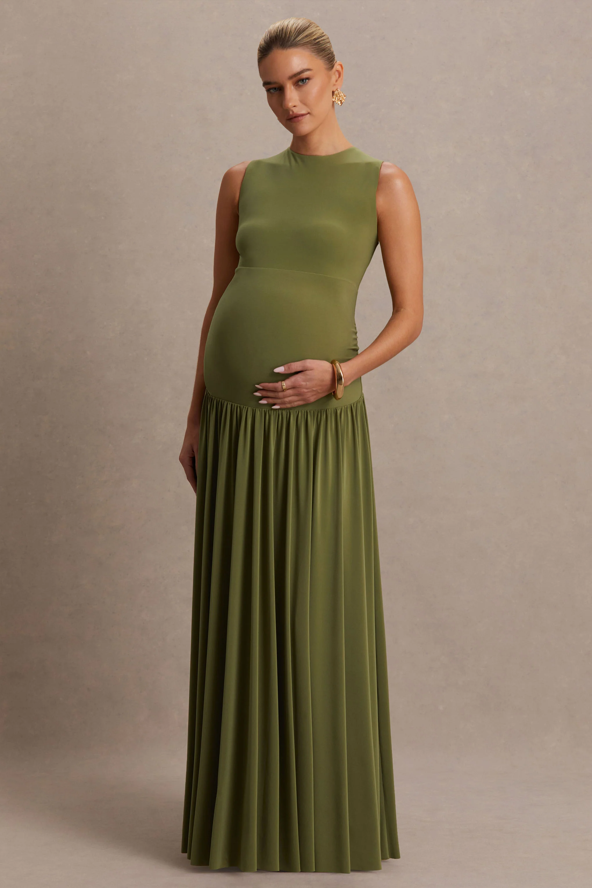 Outline | Olive Crew-Neck Maternity Maxi Dress With Pleated Skirt - Image 4