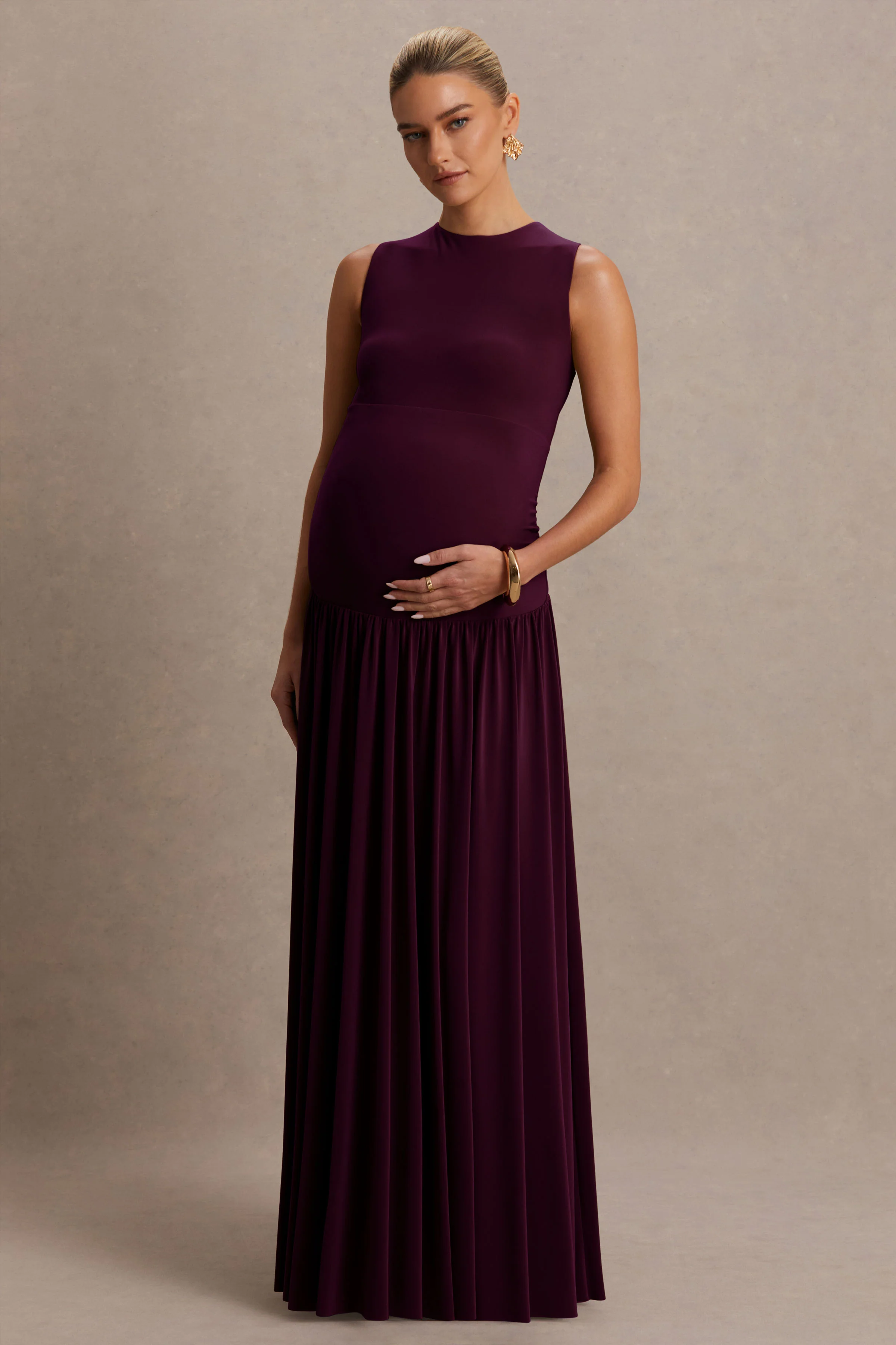 Outline | Plum Crew-Neck Maternity Maxi Dress With Pleated Skirt - Image 5