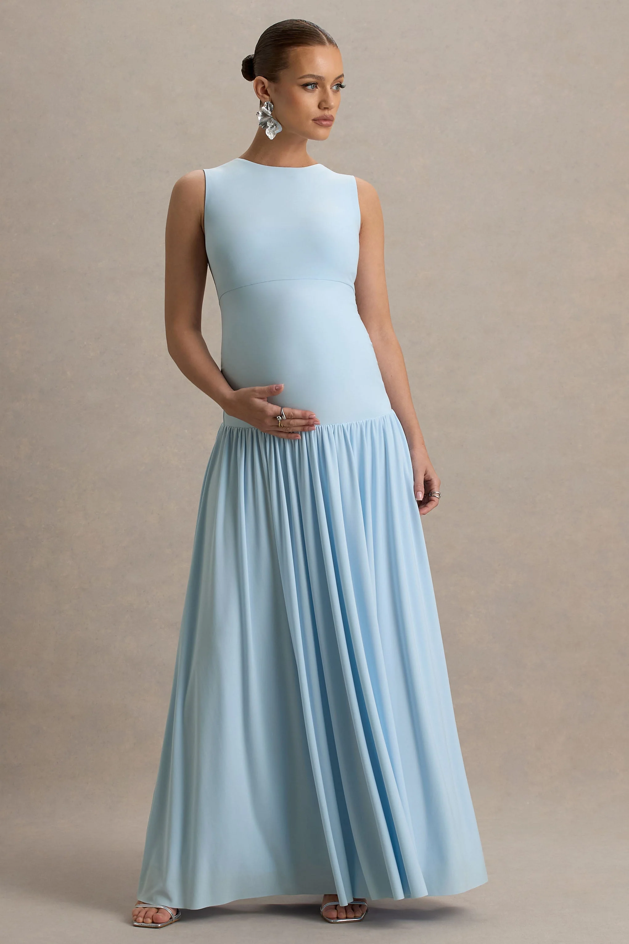 Outline | Powder Blue Crew-Neck Maternity Maxi Dress With Pleated Skirt - Image 5