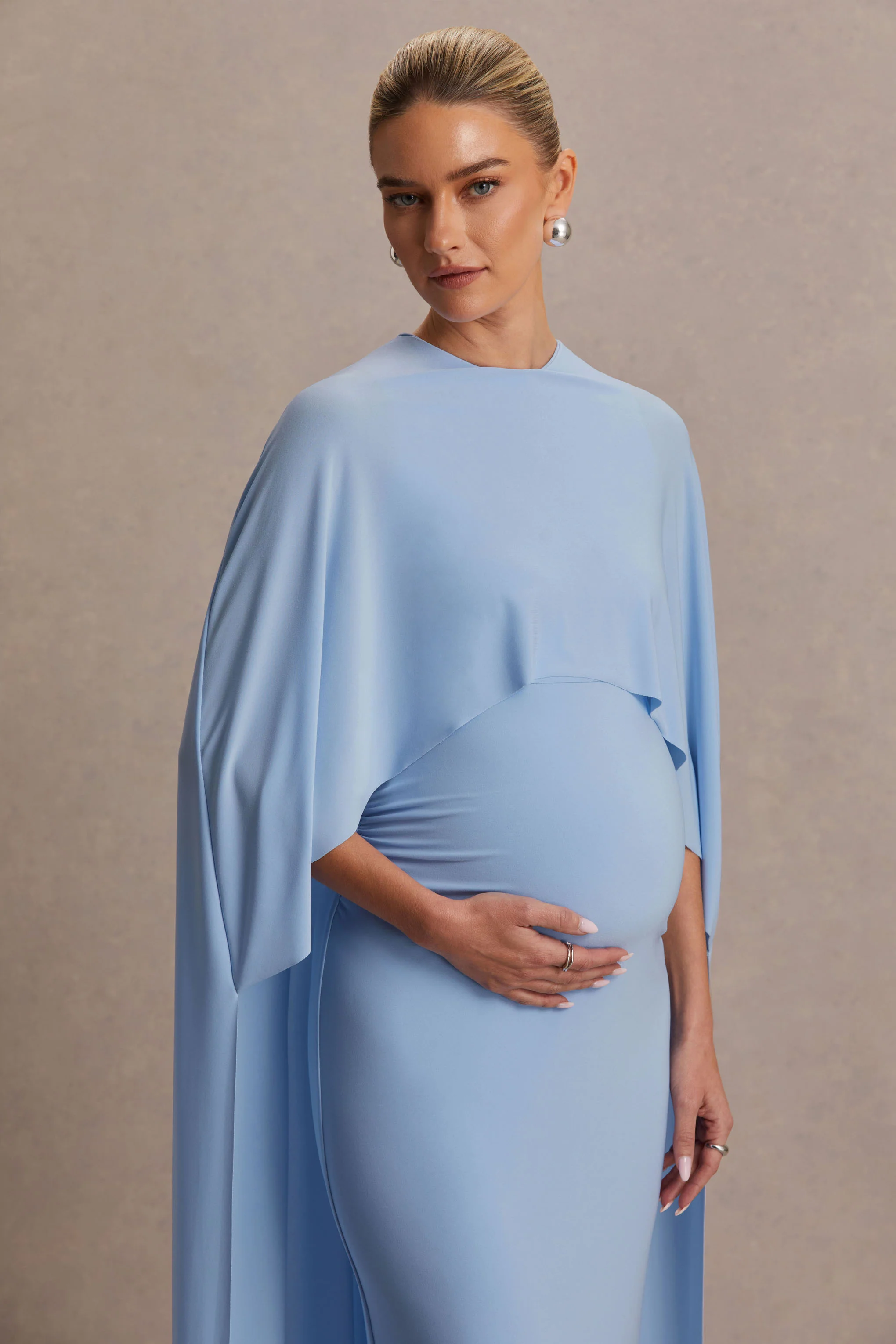 Padma | Powder Blue Draped Maternity Maxi Dress With Cape Sleeves - Image 6