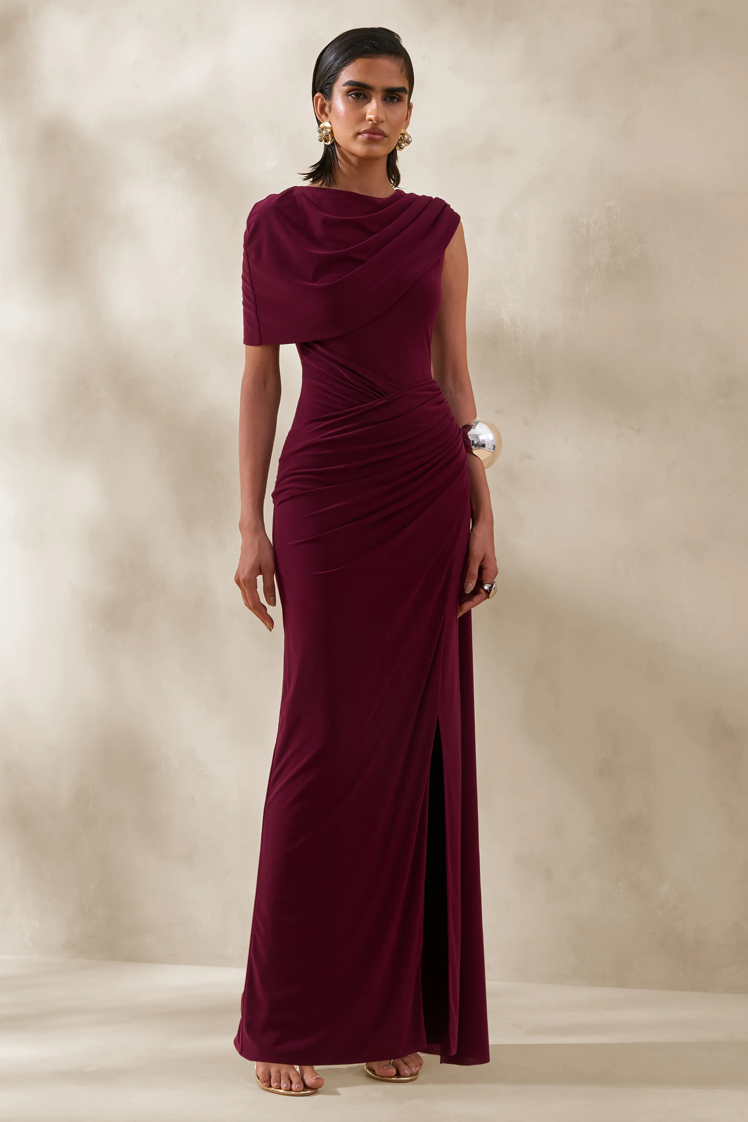 Palomara | Burgundy Round-Neck Maxi Dress With Sash And Front-High Split - Image 5