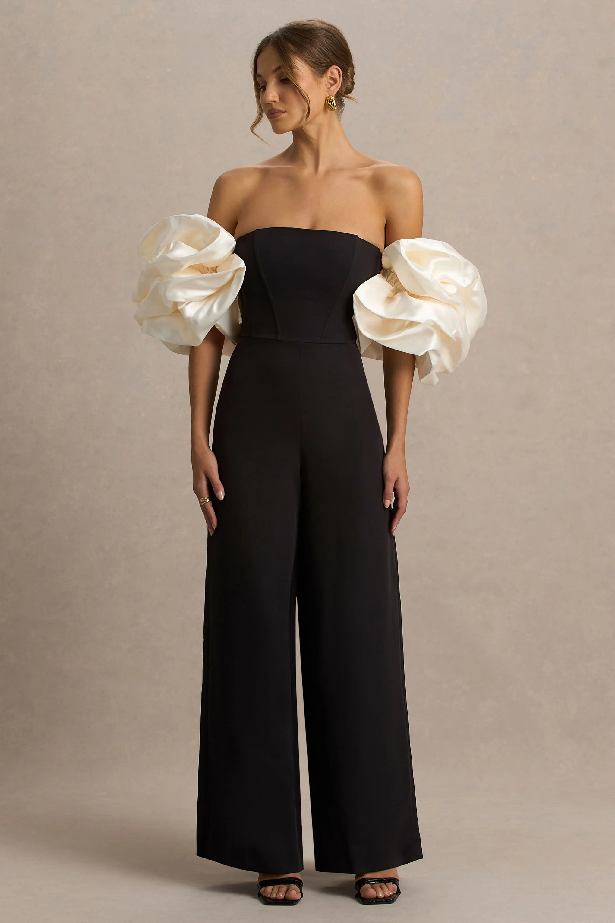 Panama | Black Bardot Jumpsuit With Cream Puff Sleeves - Image 4
