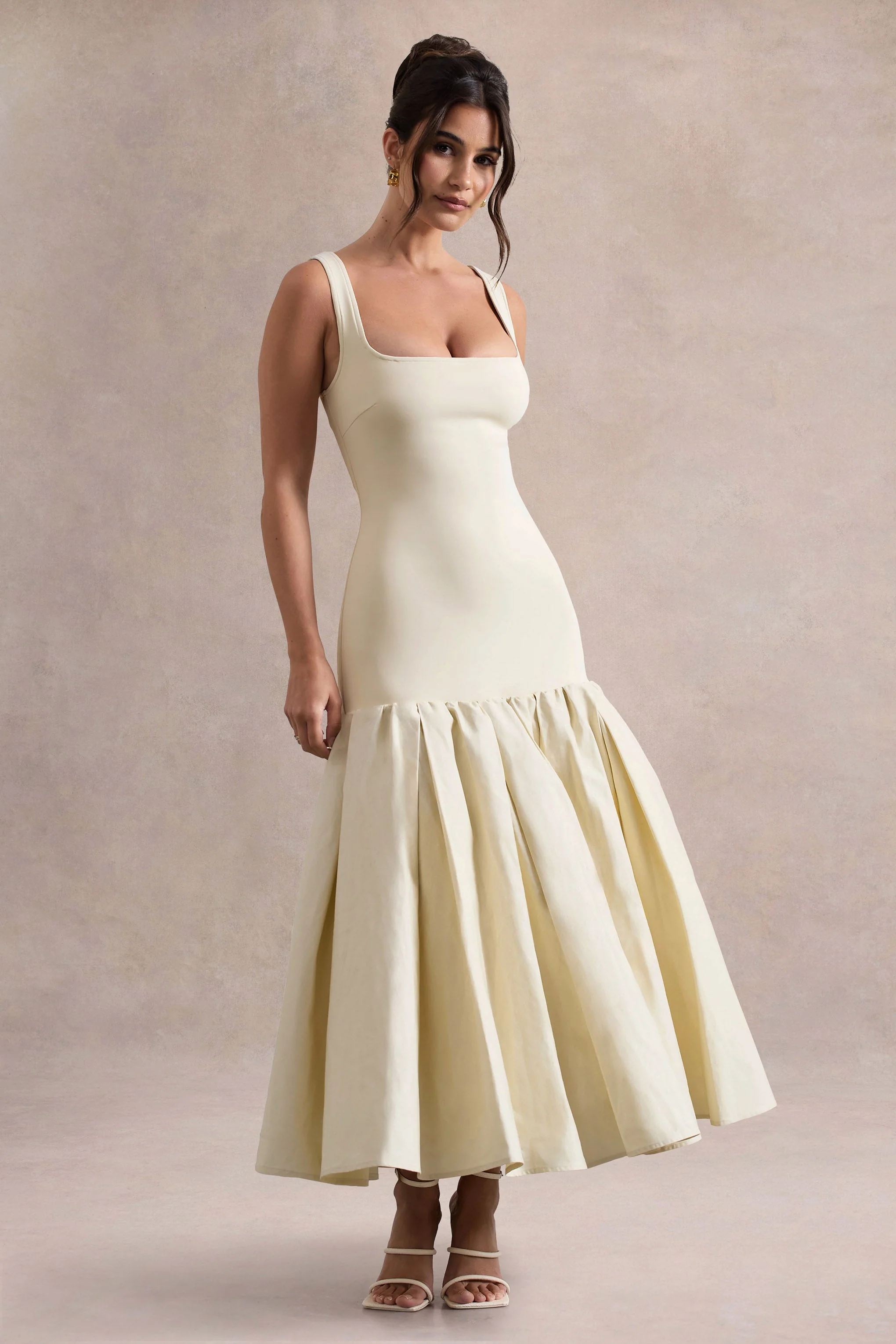 Parida | Cream Poplin Drop-Waist Midi Dress With Peplum Hem - Image 3