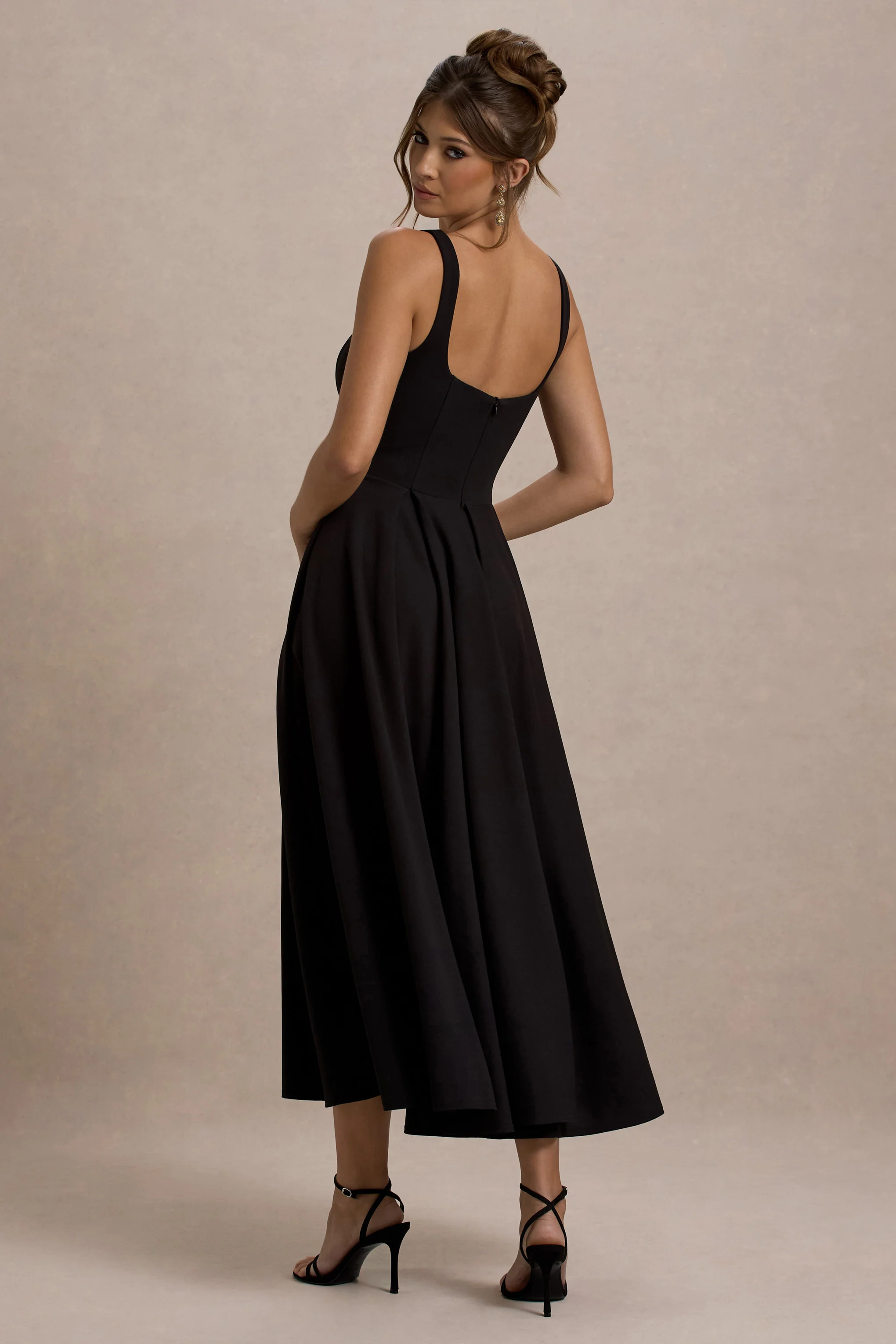 Parina | Black Strappy Volume-Hem Midi Dress - Image 2