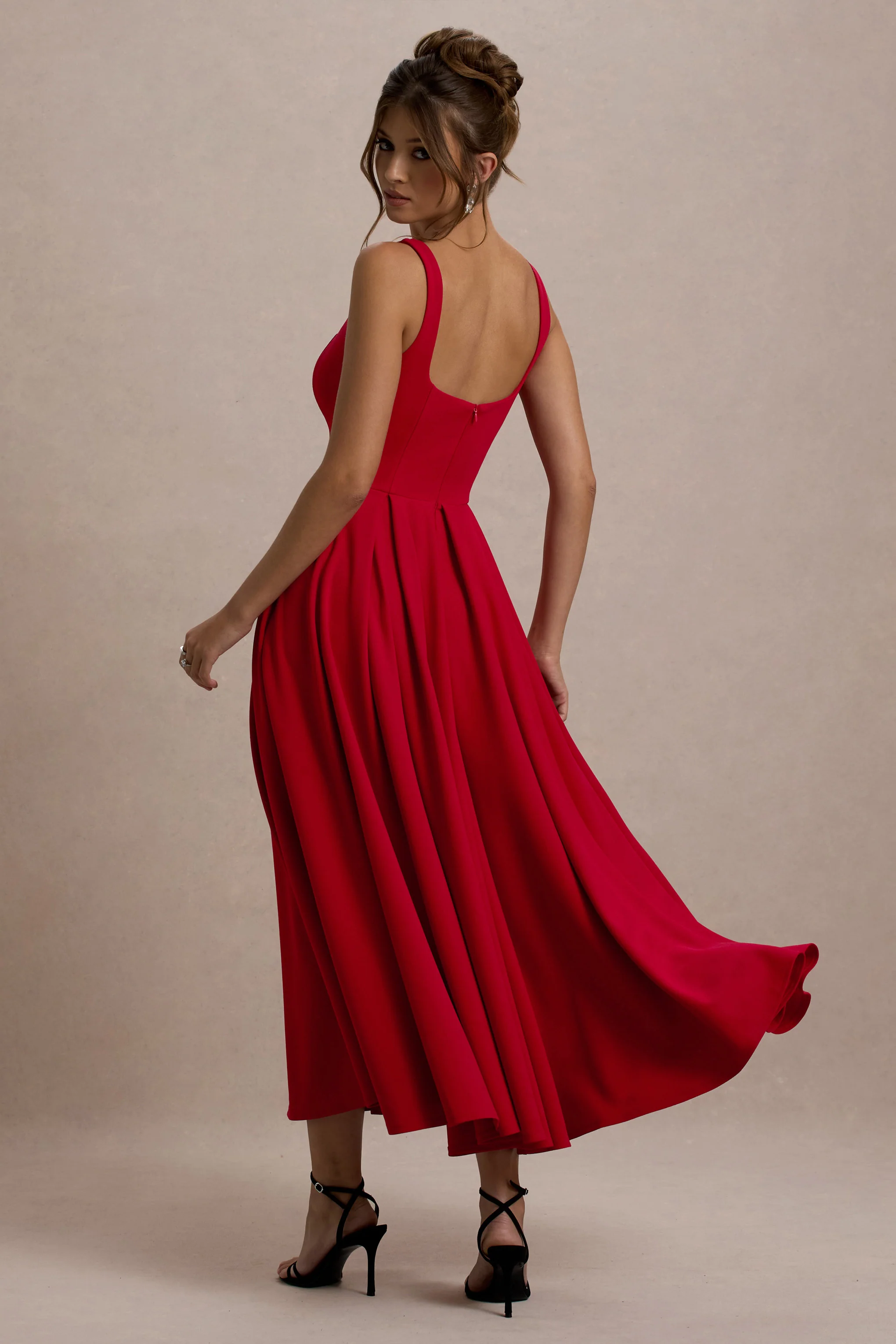 Parina | Red Strappy Volume-Hem Midi Dress - Image 2