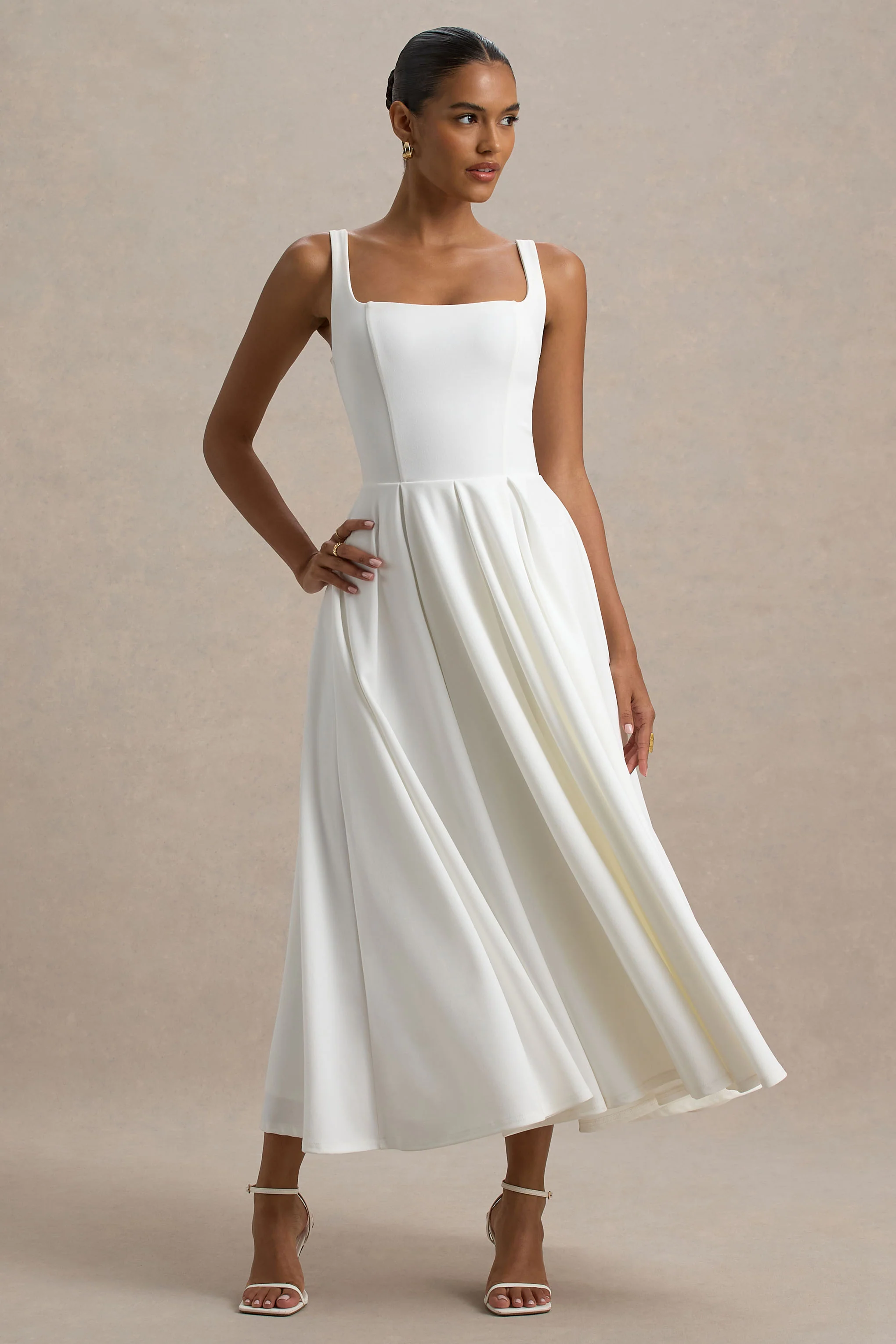 Parina | White Strappy Volume-Hem Midi Dress - Image 4