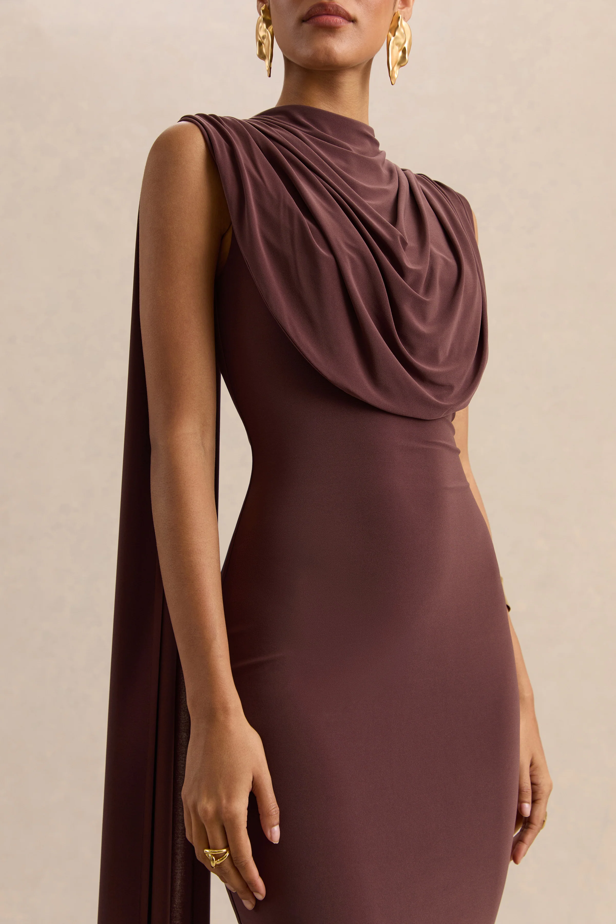 Patrina | Brown High-Neck Maxi Dress With Draped-Detailing And Cape-Sleeves - Image 3